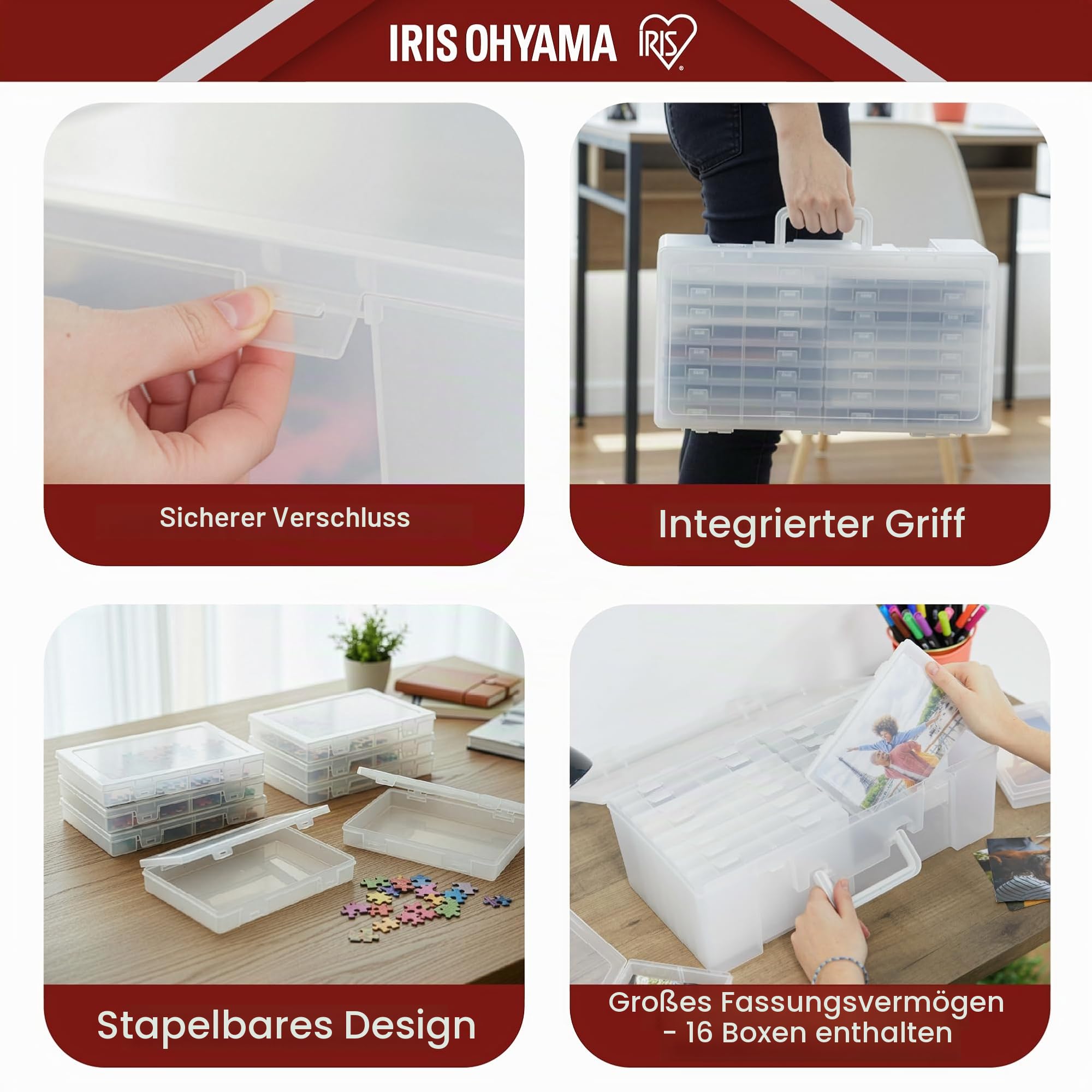 Iris Ohyama, 2er-Set Fotobox mit 16 Innenboxen jeweils, Fassungsvermögen 2560 Fotos (80 per Innerbox), Stapelbar mit Griff und sicherem Verschluss, BPA-frei, Fotobox Aufbewahrungsbox, KP-XLPHO16