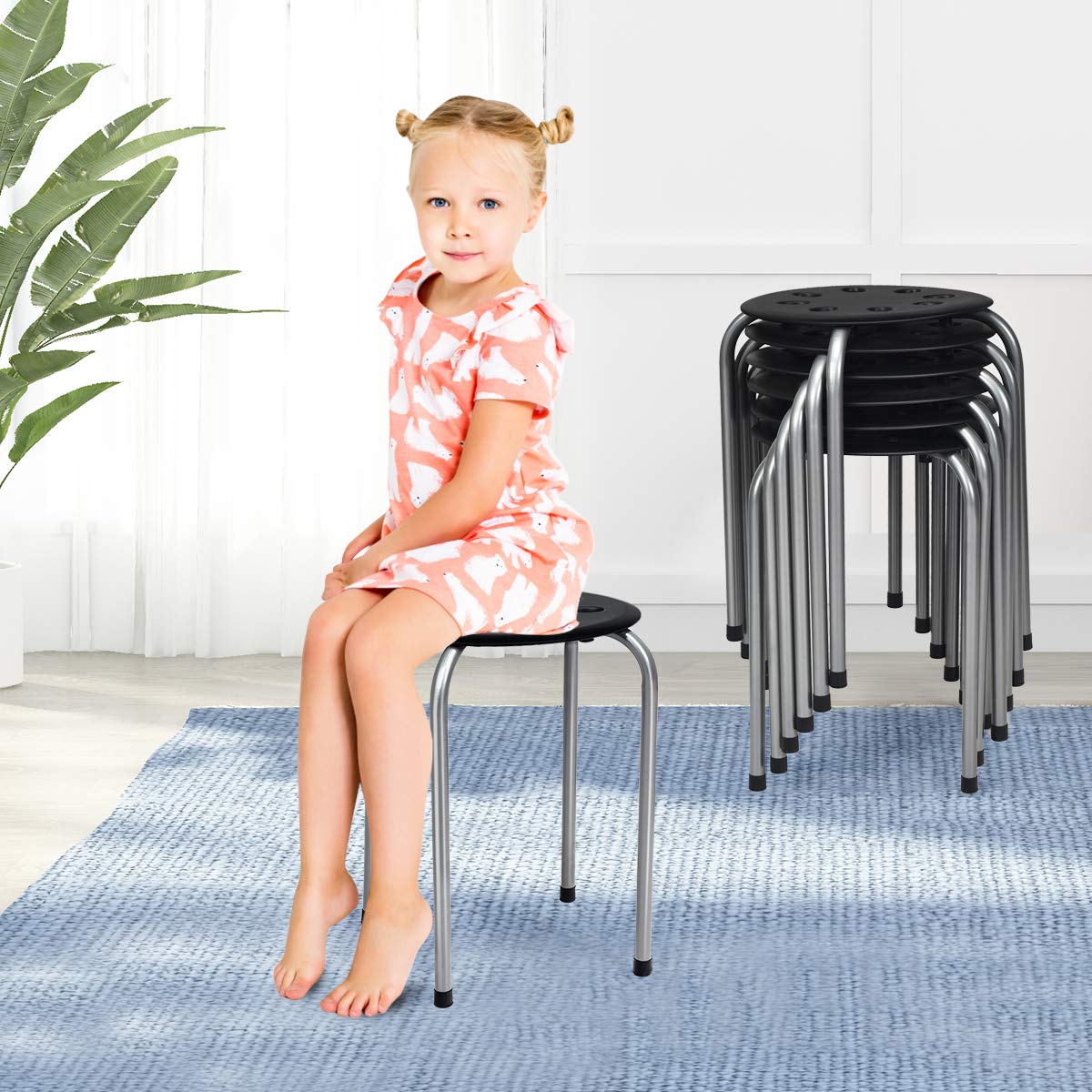 GOPLUS Lot de 6 Tabourets Empilables, Tabourets Légers sans Dossier avec Cadre en Métal Et Siège en Plastique, Tabourets Ronds Polyvalents, Noir/Couleurs Assorties/Noir + Gris (Gris Foncé)