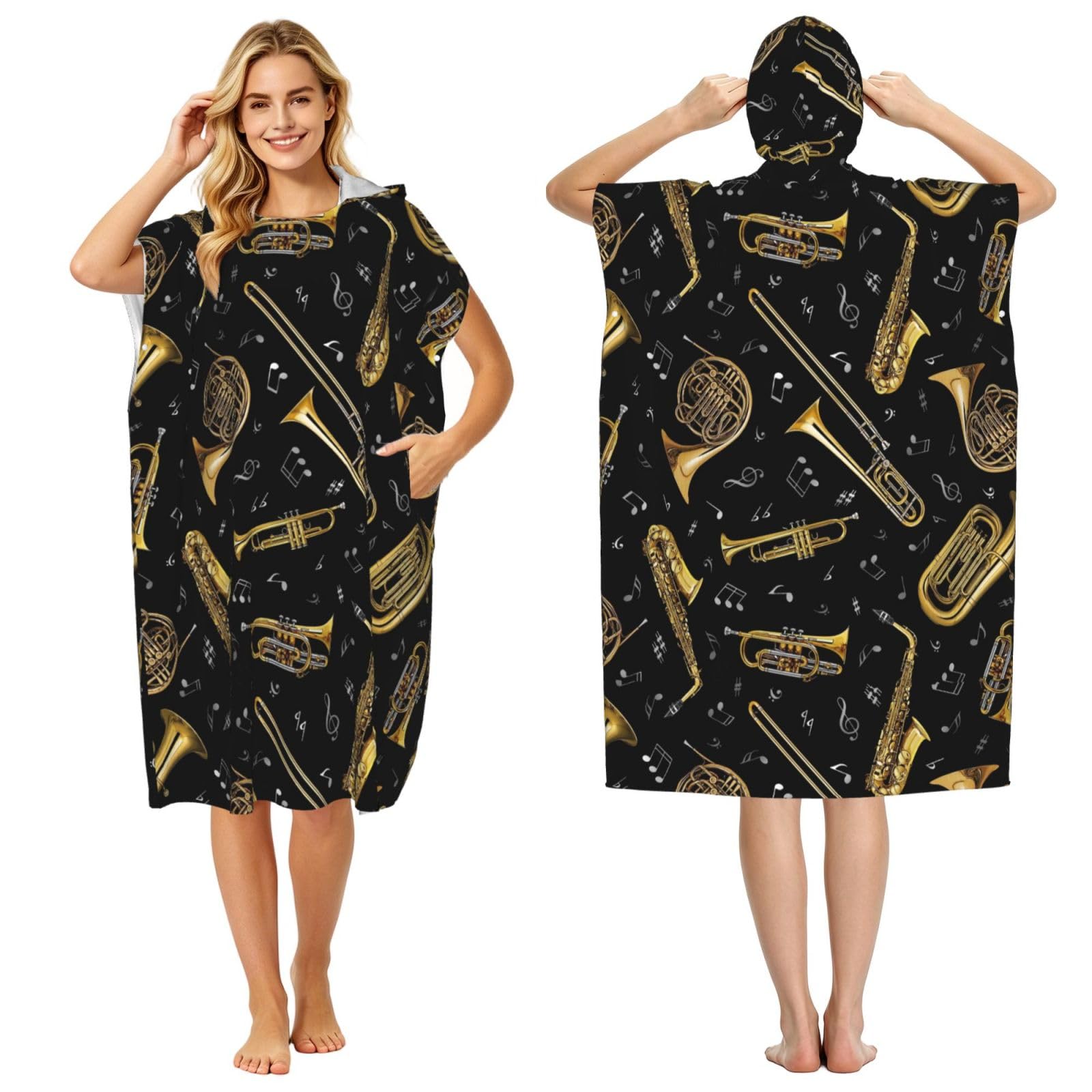 Poadnly Musical Instruments Classic Print, Adult Hooded Beach Towel 90 x 110 cm,Changing Bath Robe, Surf Poncho Towel For Women Men