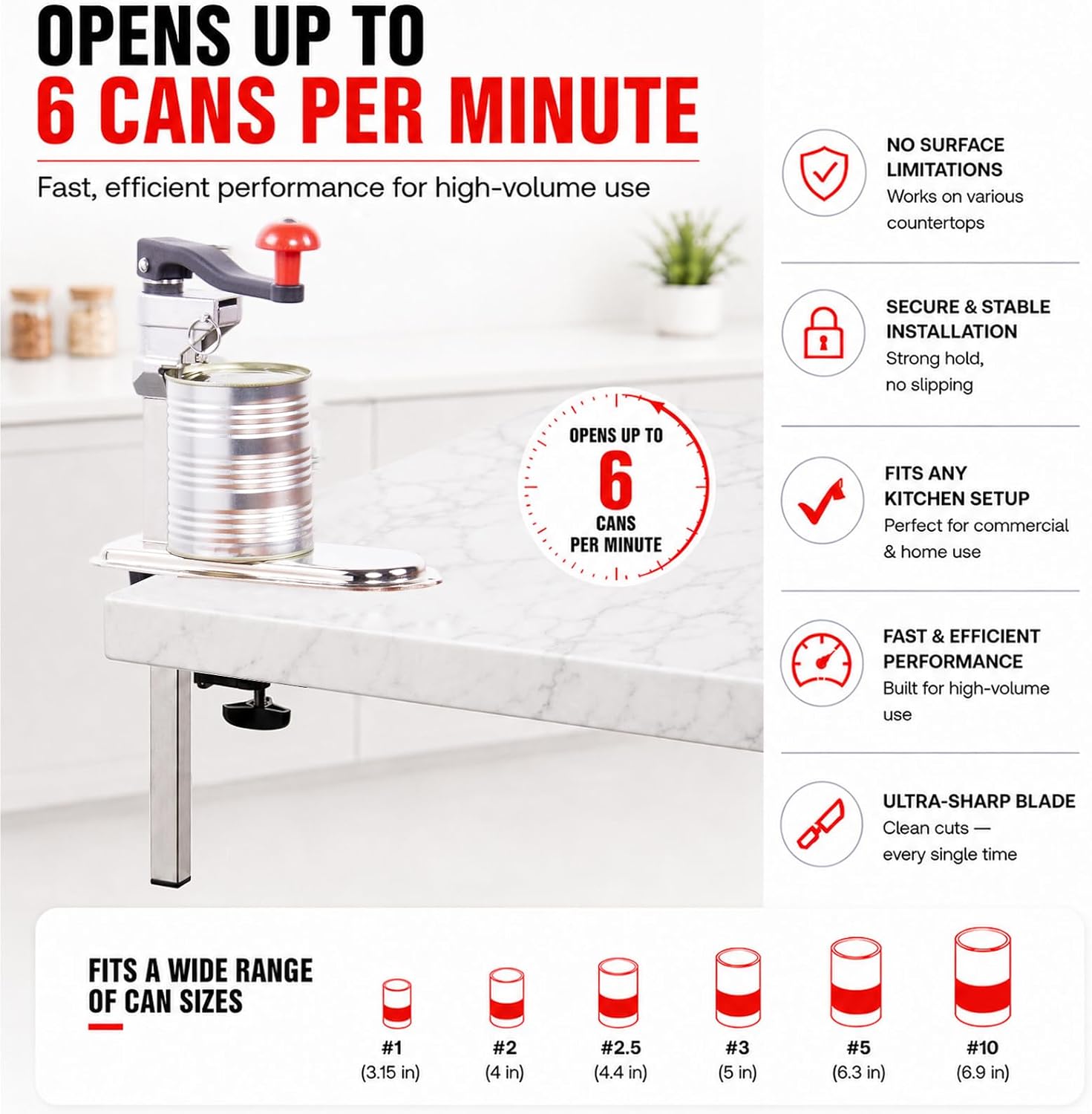 Commercial Can Opener for #1 to #10 Cans, Heavy Duty Manual Tabletop Opener with Stainless Steel Blade, Fits Large Food Cans up to 11 Inches, Industrial Restaurant and Food Service Kitchen Equipment