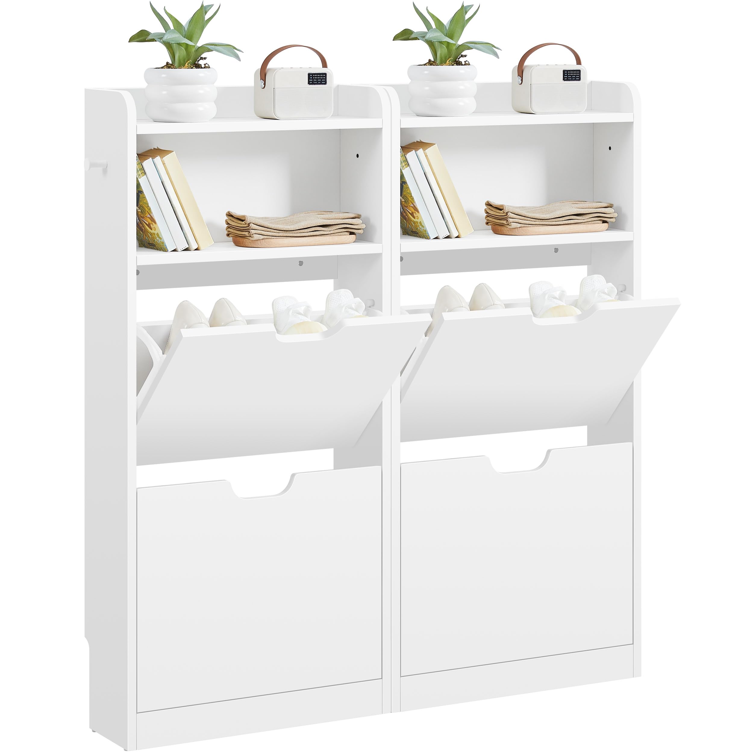 Yaheetech Mueble Zapatero Estrecho con 4 Solapas 100 x 17 x 108.5 cm Blanco | Gran Capacidad con Ganchos y Compartimento Abierto Mecanismo de Apertura Suave para Pasillos Estrechos, Entradas o Vestíbulos