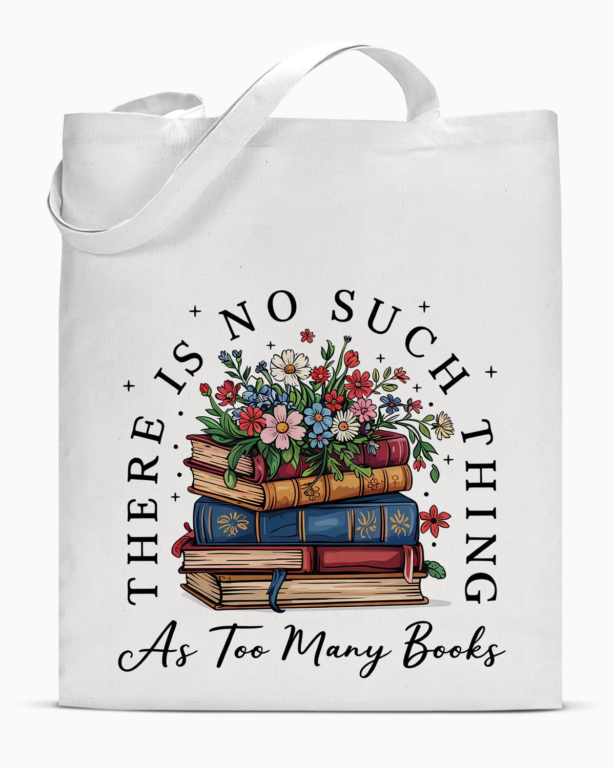 Cream canvas shoulder tote with library-inspired book print
