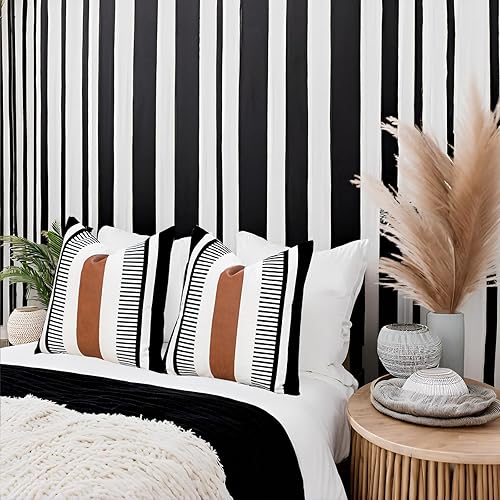 Miniatura 7 de Fundas de almohada de estilo rústico a rayas de 26 x 26 pulgadas, fundas de almohada decorativas de piel sintética en blanco y negro para sofá,