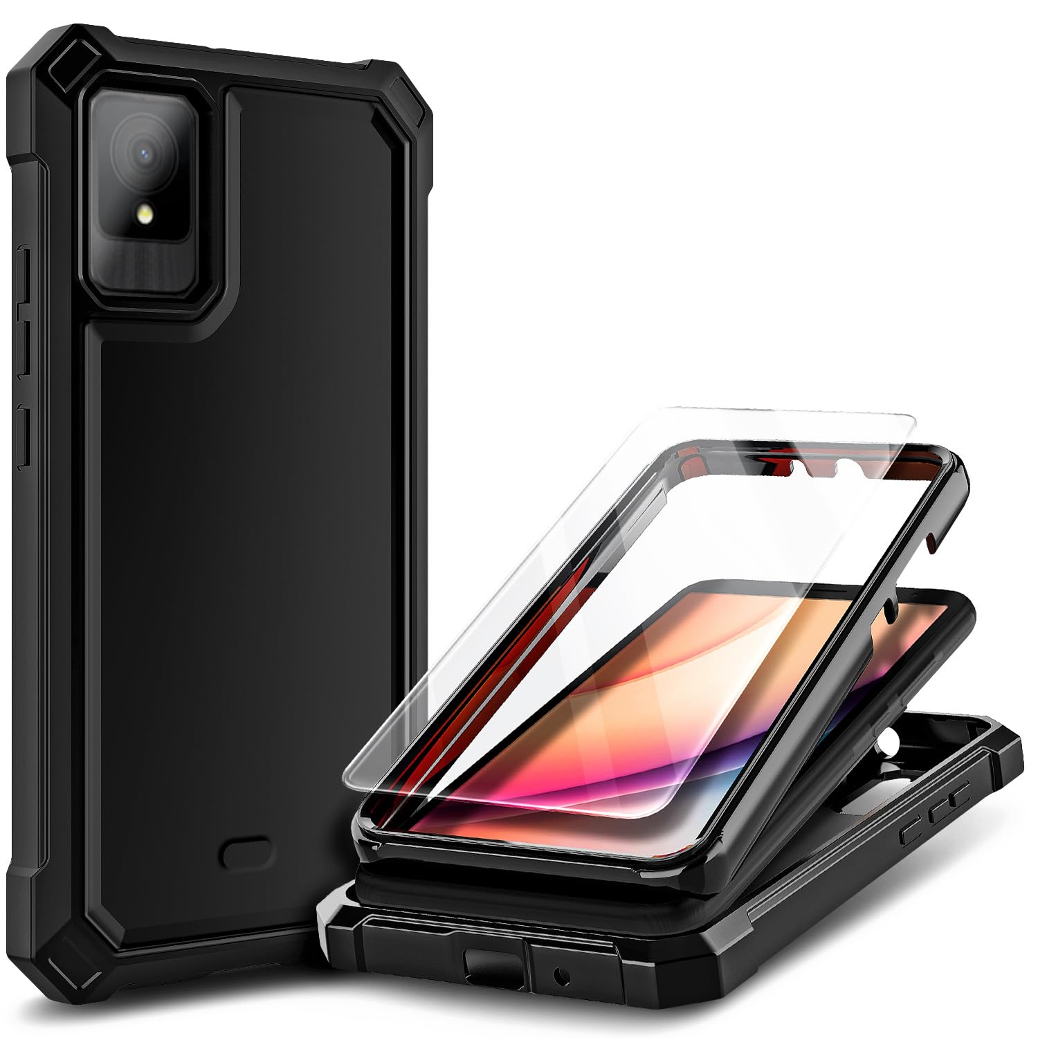 WDHD for TCL K11 Case with Tempered Glass Screen Protector, Full-Body Protective Shockproof Rugged Bumper Cover Phone Case for TCL K11 T432W (Black)