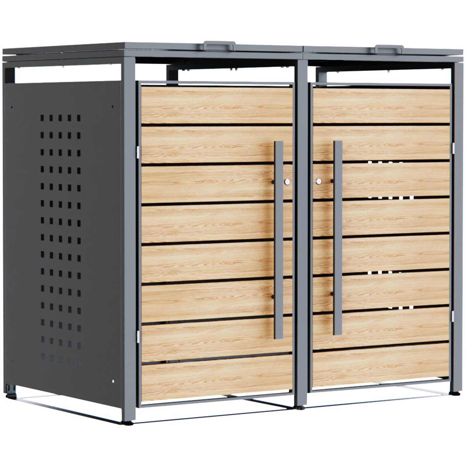 CHOSHOME Mülltonnenbox 2er 240L - Anthrazitgrau Verzinkter Stahl & Holzoptik - 2 Tonnen mit Abschließbar - inkl. Erweiterungsmöglichkeit - Mülltonnenverkleidung, Aufbewahrungsbox für Mülltonnen