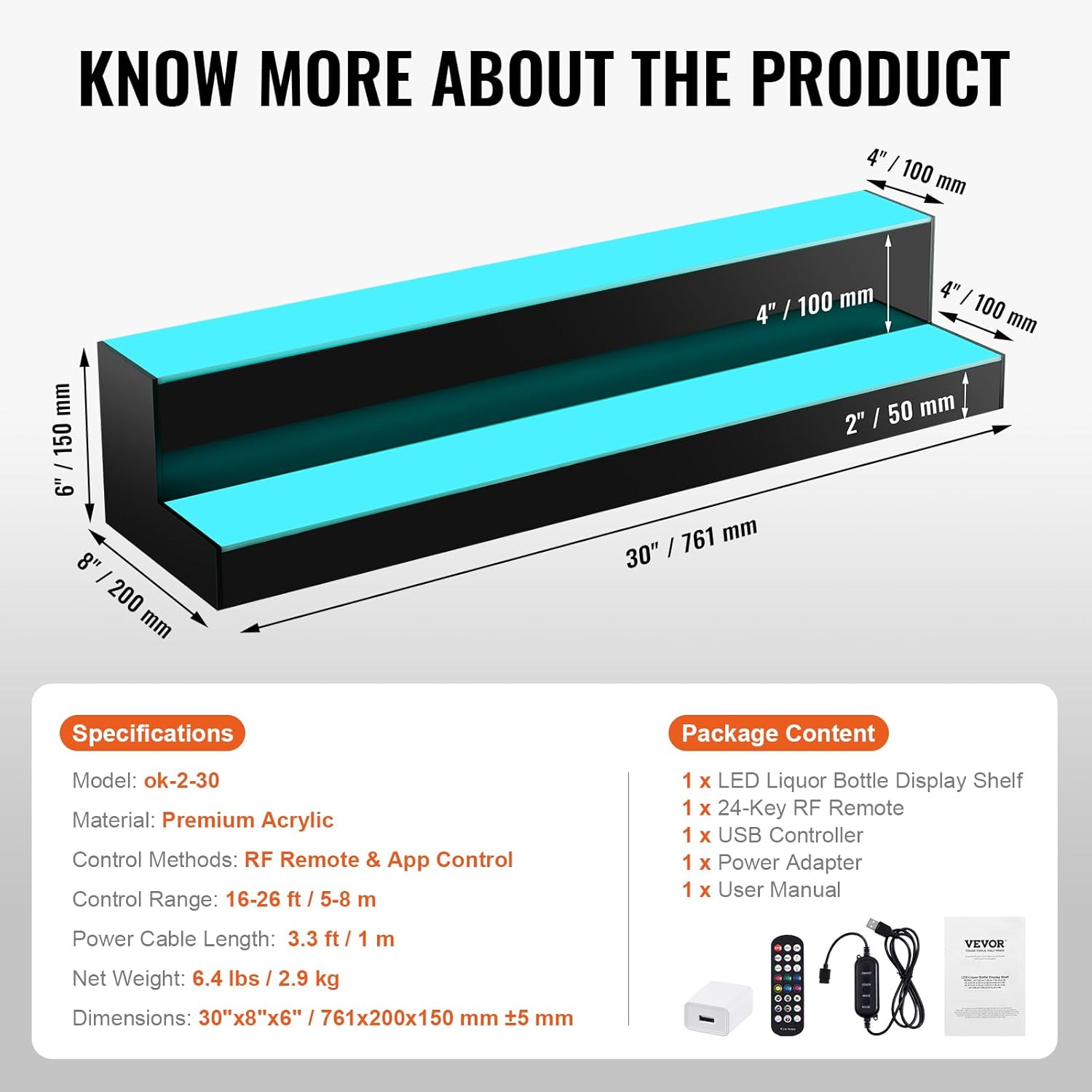 VEVOR LED Lighted Liquor Bottle Display, 2 Tiers 30 Inches, Supports USB, Illuminated Home Bar Shelf with RF Remote & App Control 7 Static Colors 1-4 H Timing, Acrylic Lighted Shelf for 16 Bottles