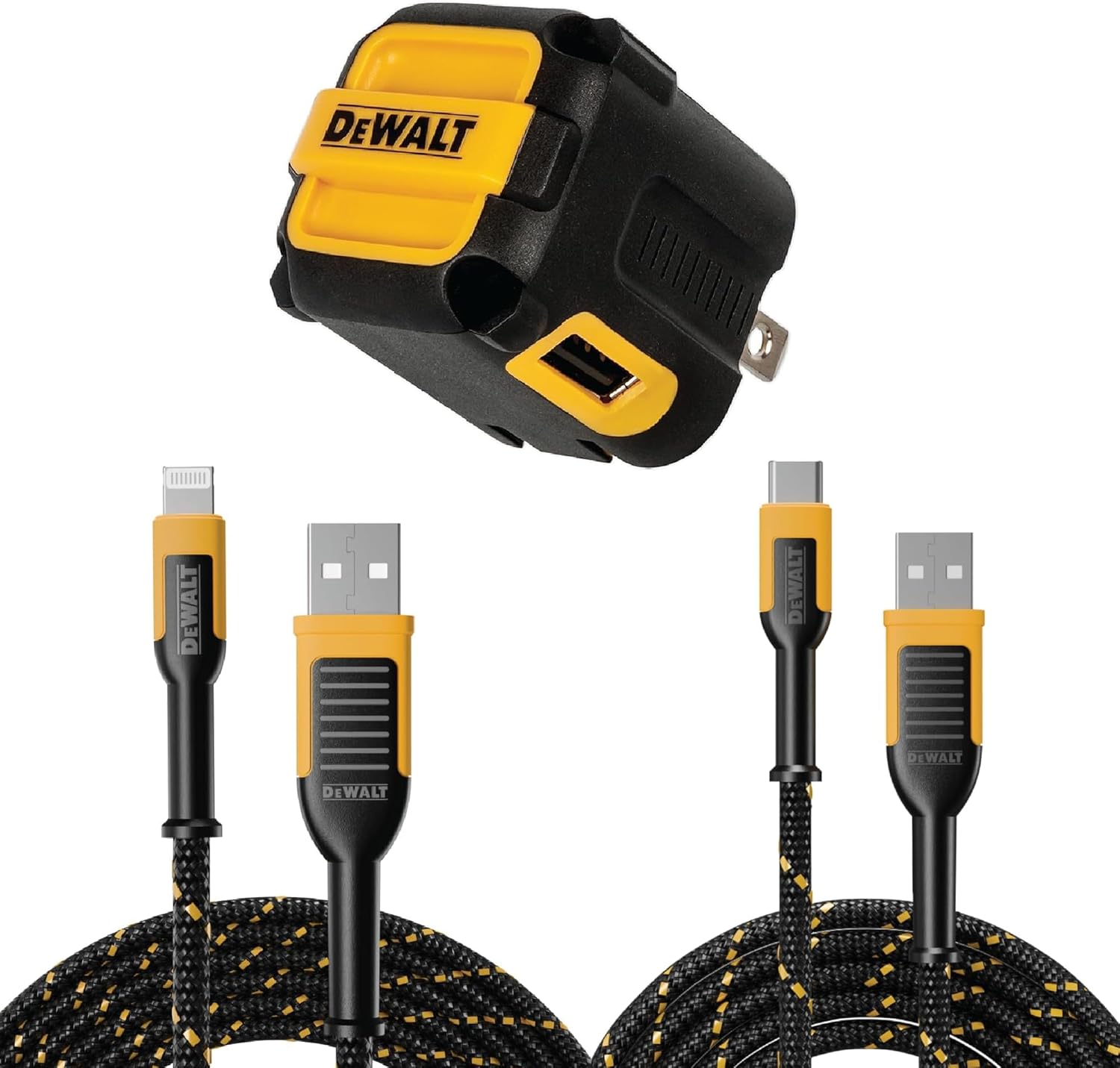 DEWALT NeverBlock Angled Dual Port Wall Charger with Lightning [Apple Certified] to USB Cable and Type C to USB-A Cable