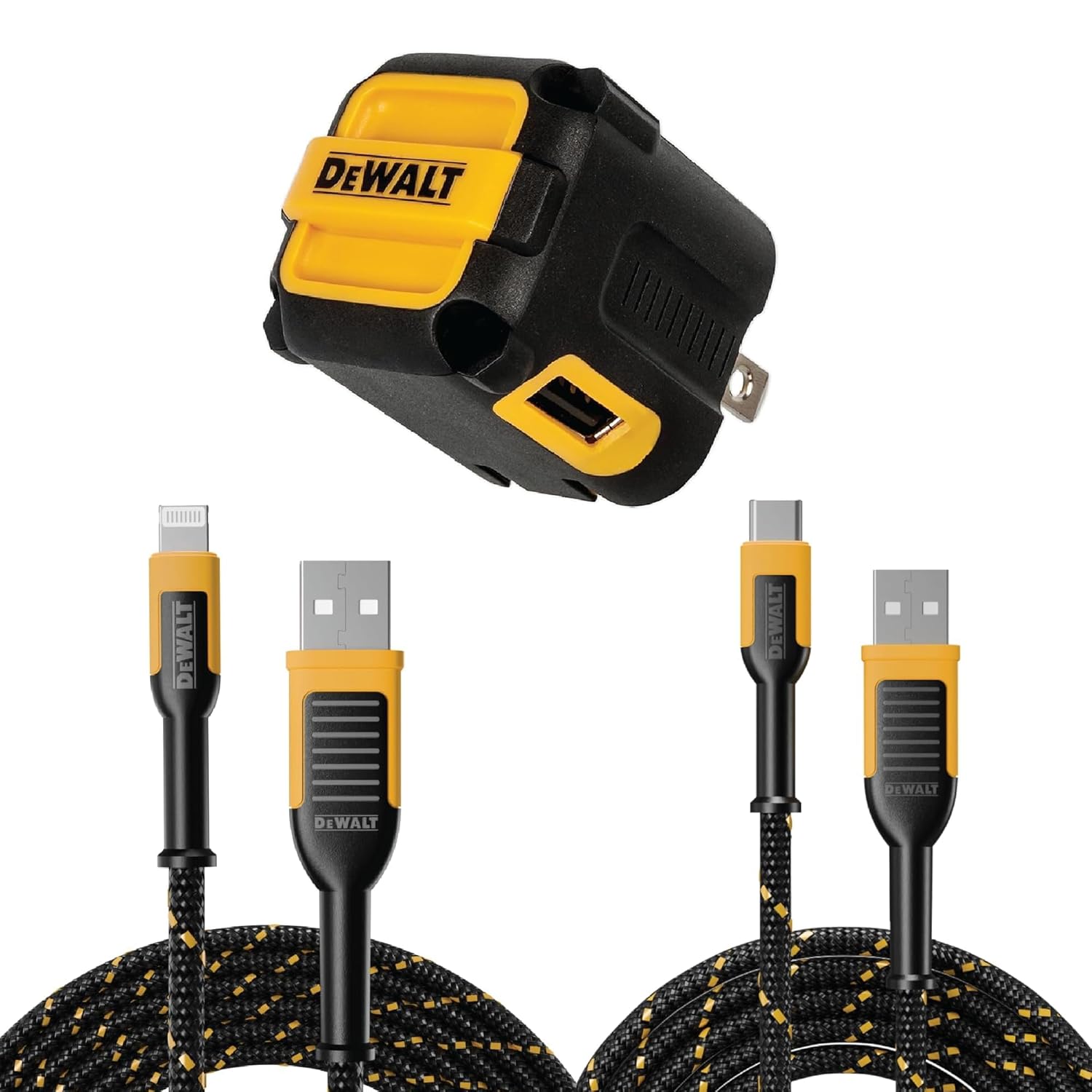 DEWALT NeverBlock Angled Dual Port Wall Charger with Lightning Apple Certified to USB Cable and Type C to