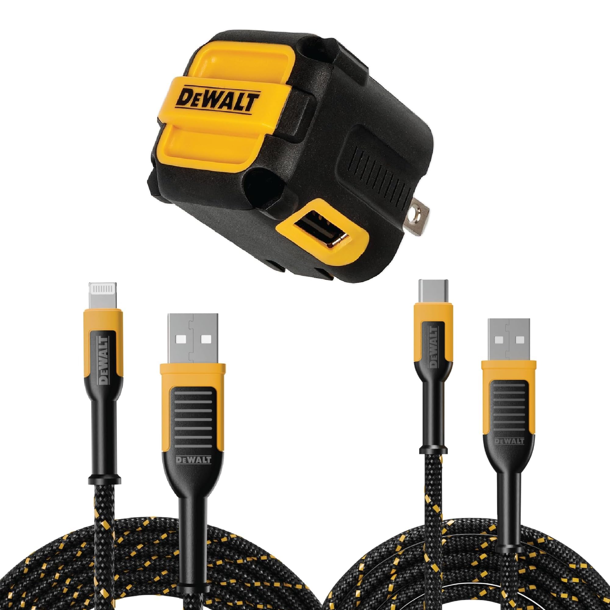 DEWALT NeverBlock Angled Dual Port Wall Charger with Lightning Apple Certified to USB Cable and Type C to
