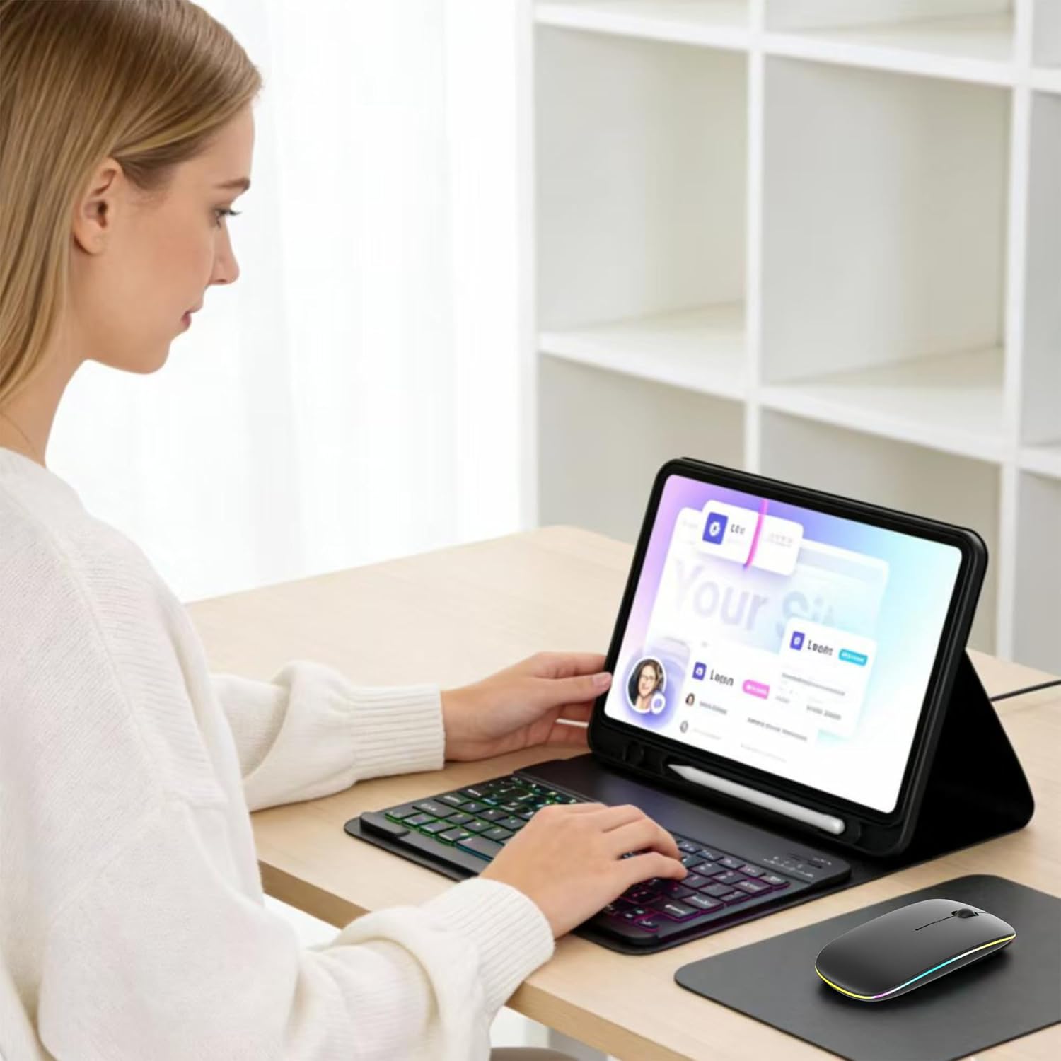 Case Keyboard for 10.9inch Samsung Galaxy Tab A9+ Plus 2023/A11+ Plus 2025,Includes Mouse and 7 Color Rainbow Backlight Magnetic Keyboard,Premium PU Leather Cover with Auto Sleep/Wake,Black