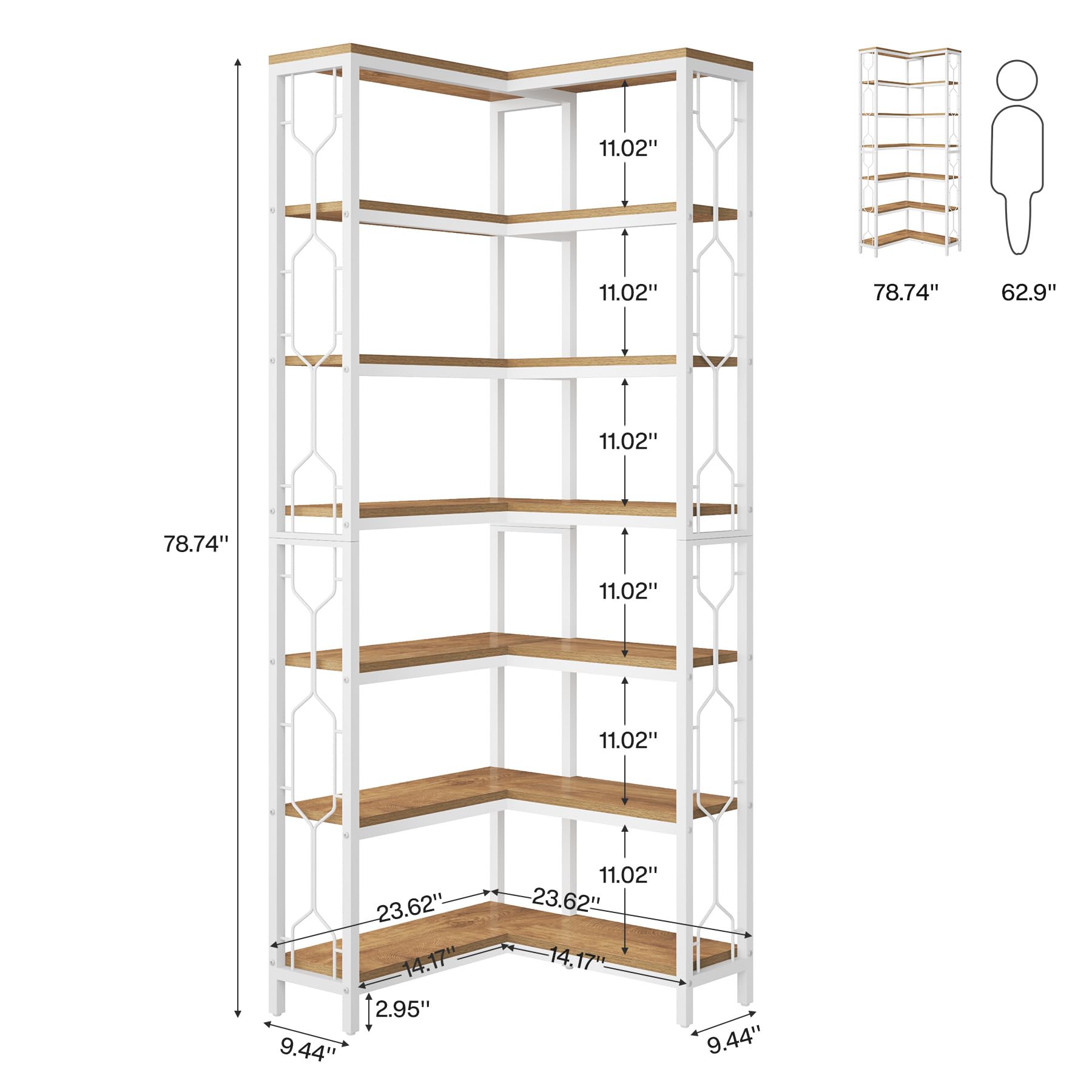 Tribesigns Etagere - Scaffale angolare industriale a 7 ripiani, in legno e metallo, scaffale autoportante per soggiorno, cucina, casa, ufficio, bianco e naturale