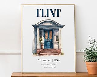 Xenulab Flint Michigan USA Minimalist Watercolor Door Wall Art Print Poster for Living Room Decor, Cityscape Americana Home Artwork