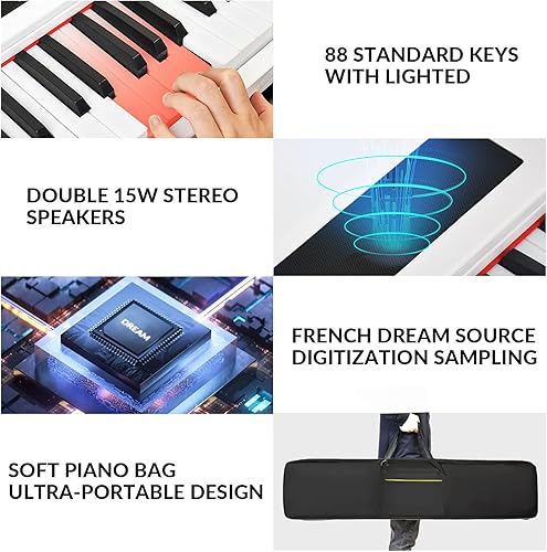Miniatura 5 de MSTNE Piano digital de 88 teclas, teclado de piano de 88 teclas para principiantes con teclas iluminadas, piano eléctrico portátil con soporte