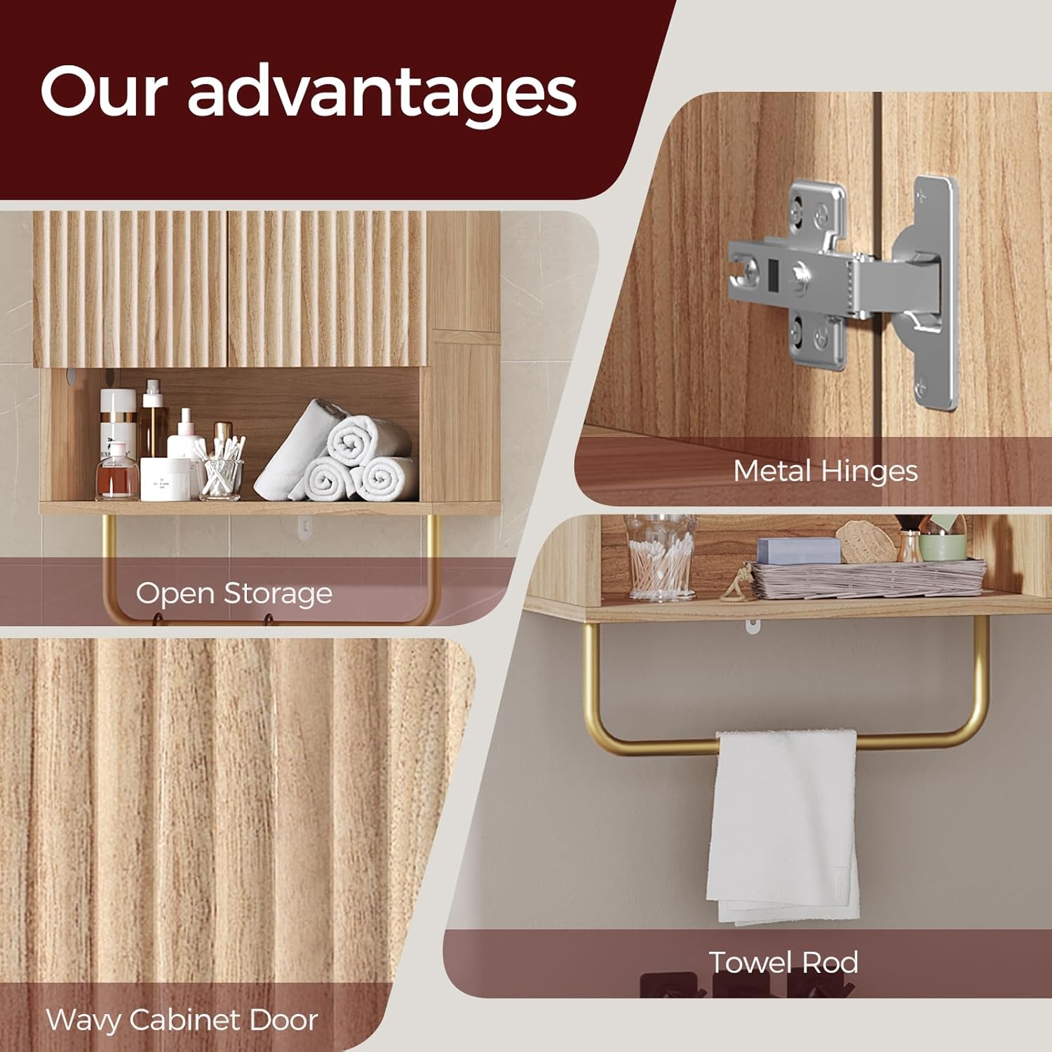 Bathroom Wall Cabinet, Wall Mounted Medicine Cabinets with Towel Bar & Adjustable Shelf, Over The Toilet Space Saver Storage Cabinet with 2 Doors, for Bathroom Laundry Room Kitchen, Natural