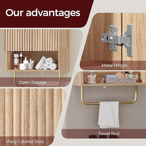 Miniatura 6 de Armario de pared para baño, botiquín montado en la pared con toallero y estante ajustable, gabinete de almacenamiento para ahorrar espacio sobre el