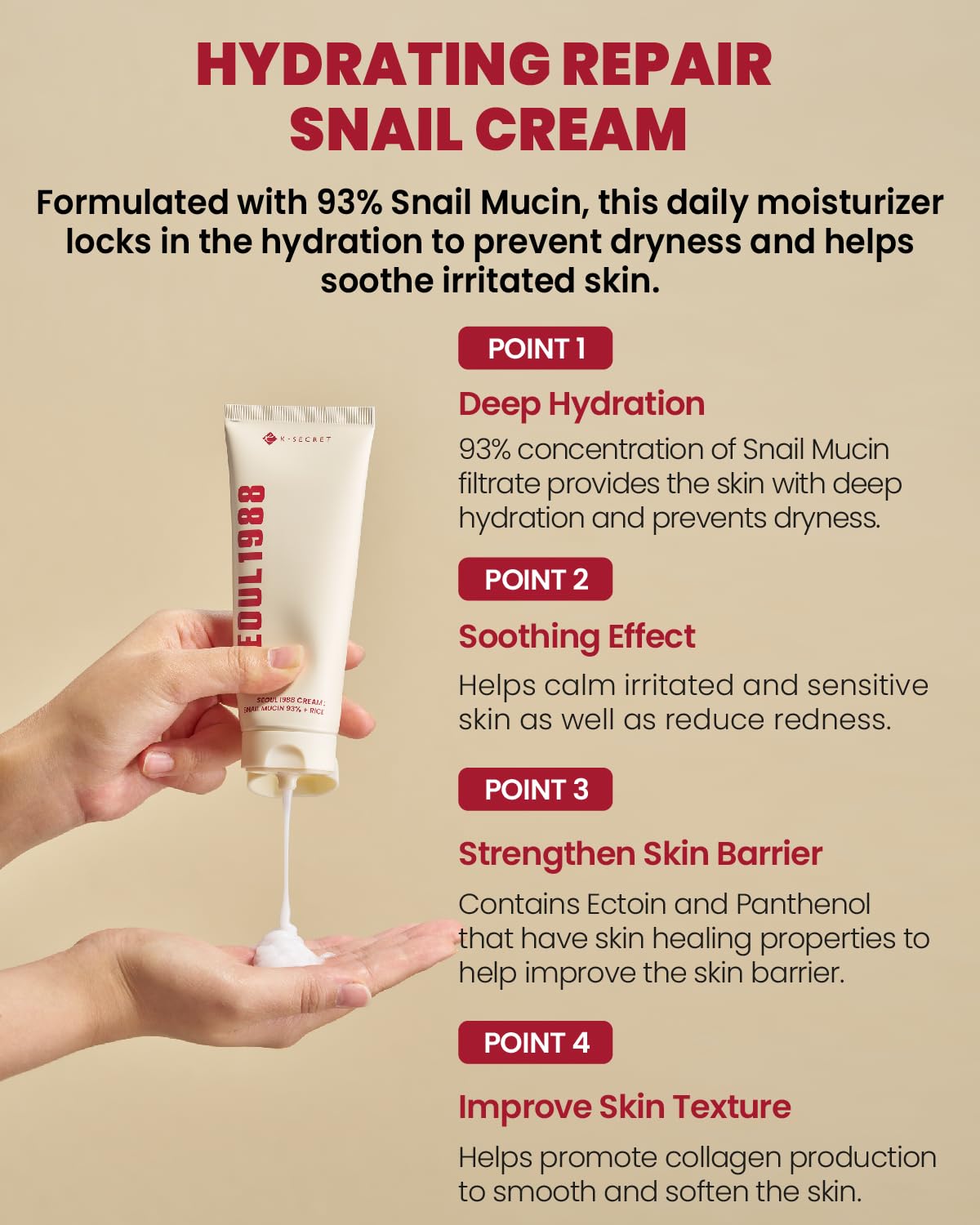 K-SECRET SEOUL 1988 Snail Mucin 93% Cream – Concentrated Yet Lightweight Formula Infused with 93% Snail Mucin | Non-Sticky & Fast-Absorption Facial Cream | Korean Skincare, 100ml / 3.38 fl oz - Image 5