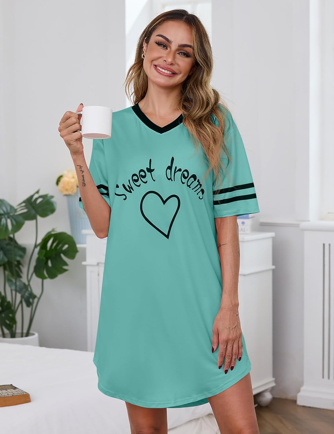 Marvmys Women Short Sleeve Nightgowns Comfy V Neck Nightshirt Casual Lounge Dress Sleepwear - Image 3