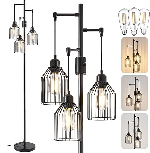 Miniatura 10 de Lámpara de Pie Regulable para Sala de Estar, Lámparas de Pie de Estilo Rústico con Elegante Jaula Colgante, 3 Bombillas LED Edison Incluidas, Luz de