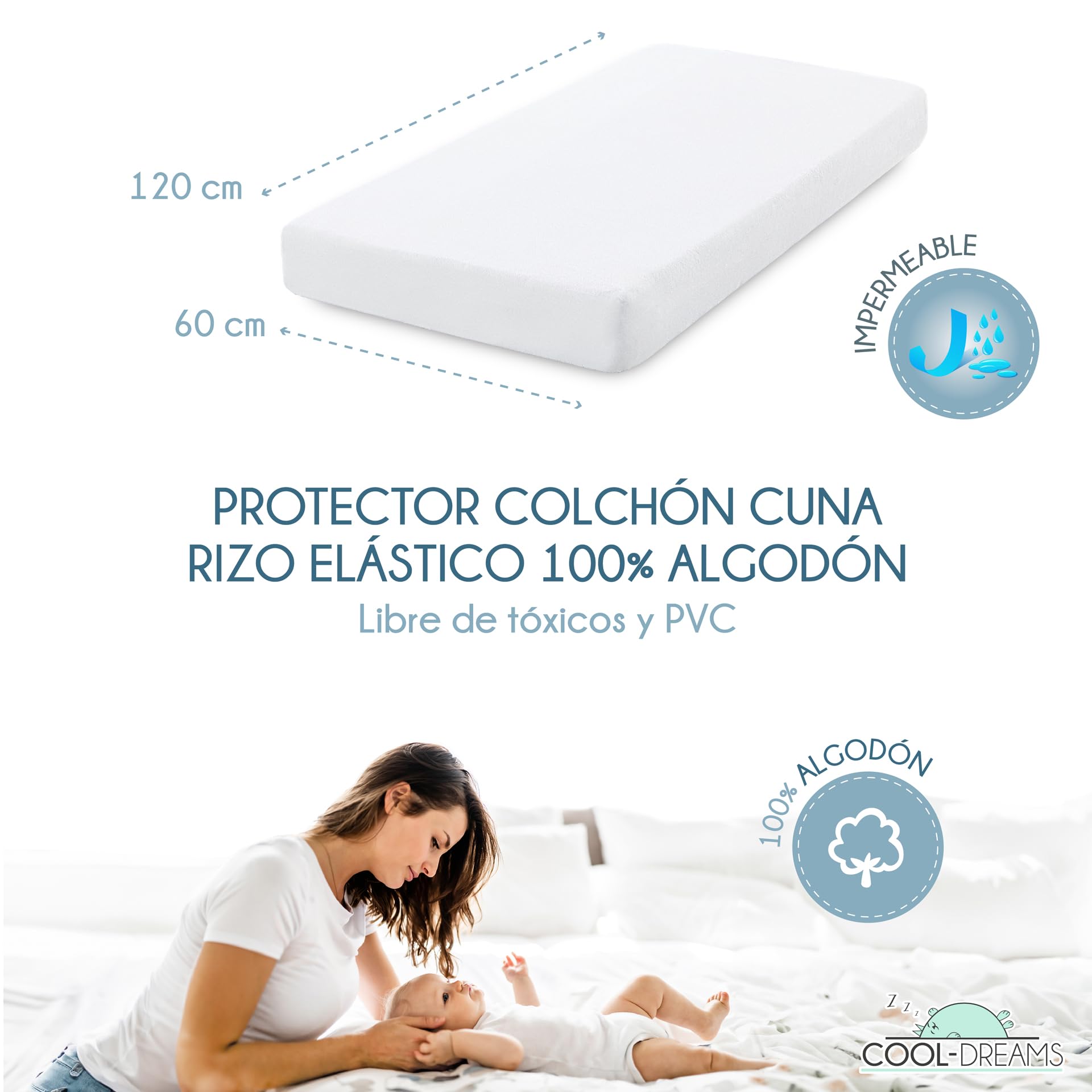 Protector Colchón Cuna 120x60, Impermeable, 100% Algodón CoolDreams | 100% algodón, membrana impermeable, tejido hipoalergénico y fabricación en España.
