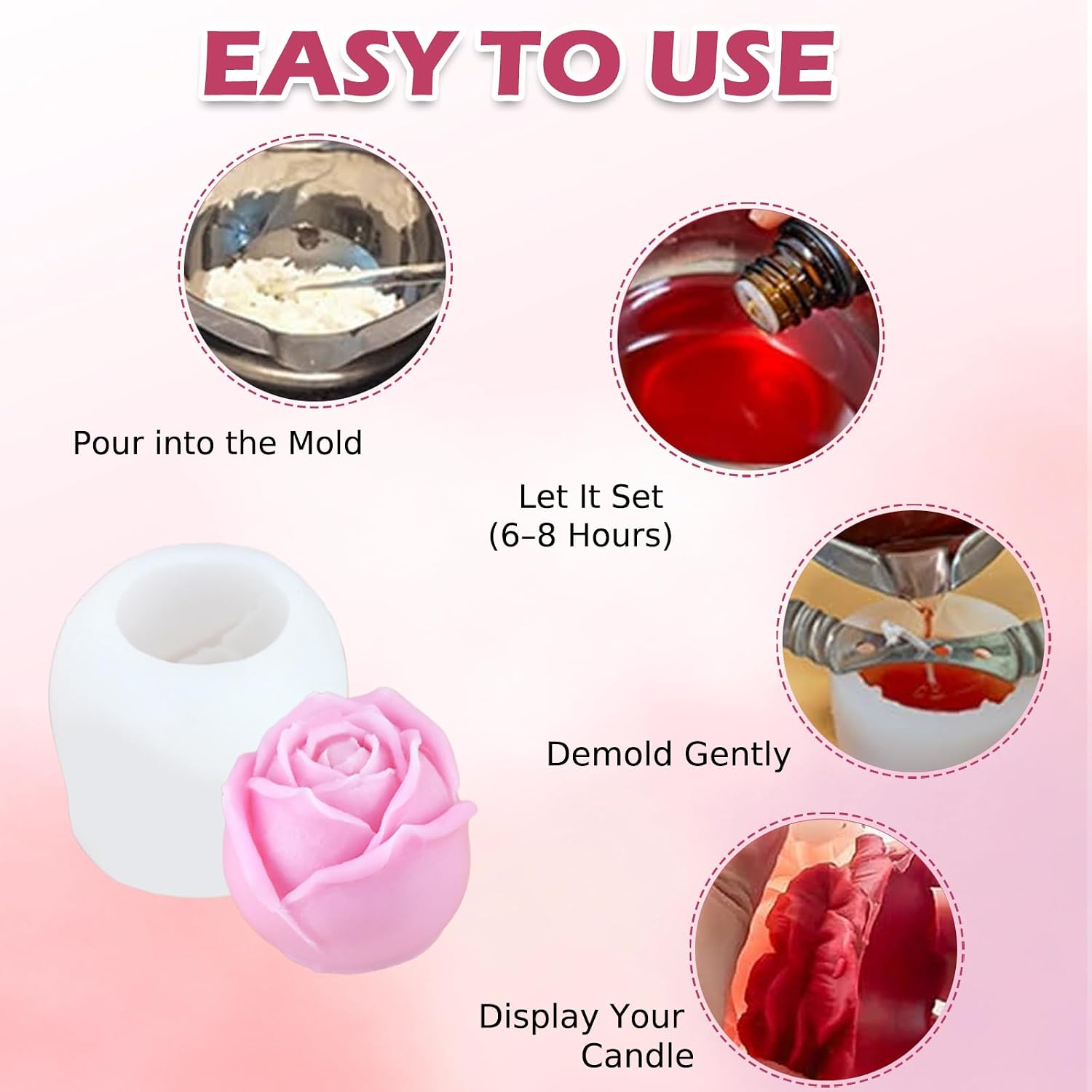 4Pcs Flower Candle Mold – Silicone Rose Candle Mold for Candle Making, Wax Molds for DIY Christmas Candles, Resin Crafts, Soap, Wax Melts, Holiday Silicone Candle Making Molds