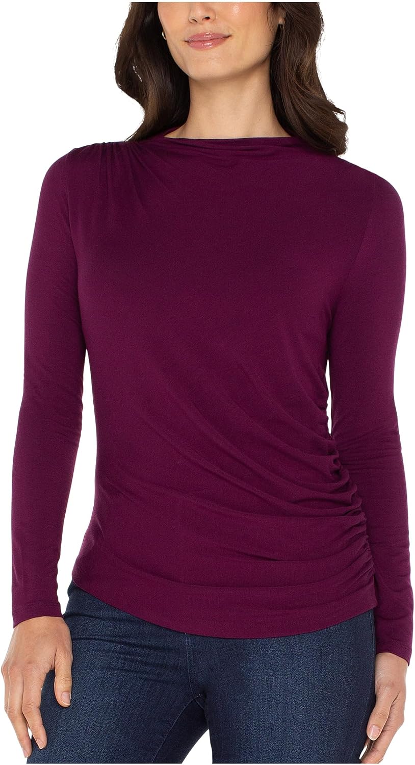 Liverpool Women's Petite Long Sleeve Mock Neck Knit Top with Shirring