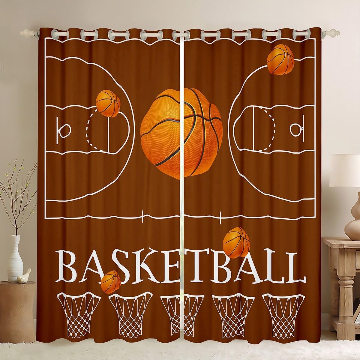Castle Fairy Basketball Court Print Window Curtains,Orange Basketball and Hoop Blackouts for Kitchen,Ball Sports Games Brown Field Polyetser Window Drapes, 2 Panels, 52Wx84L inch