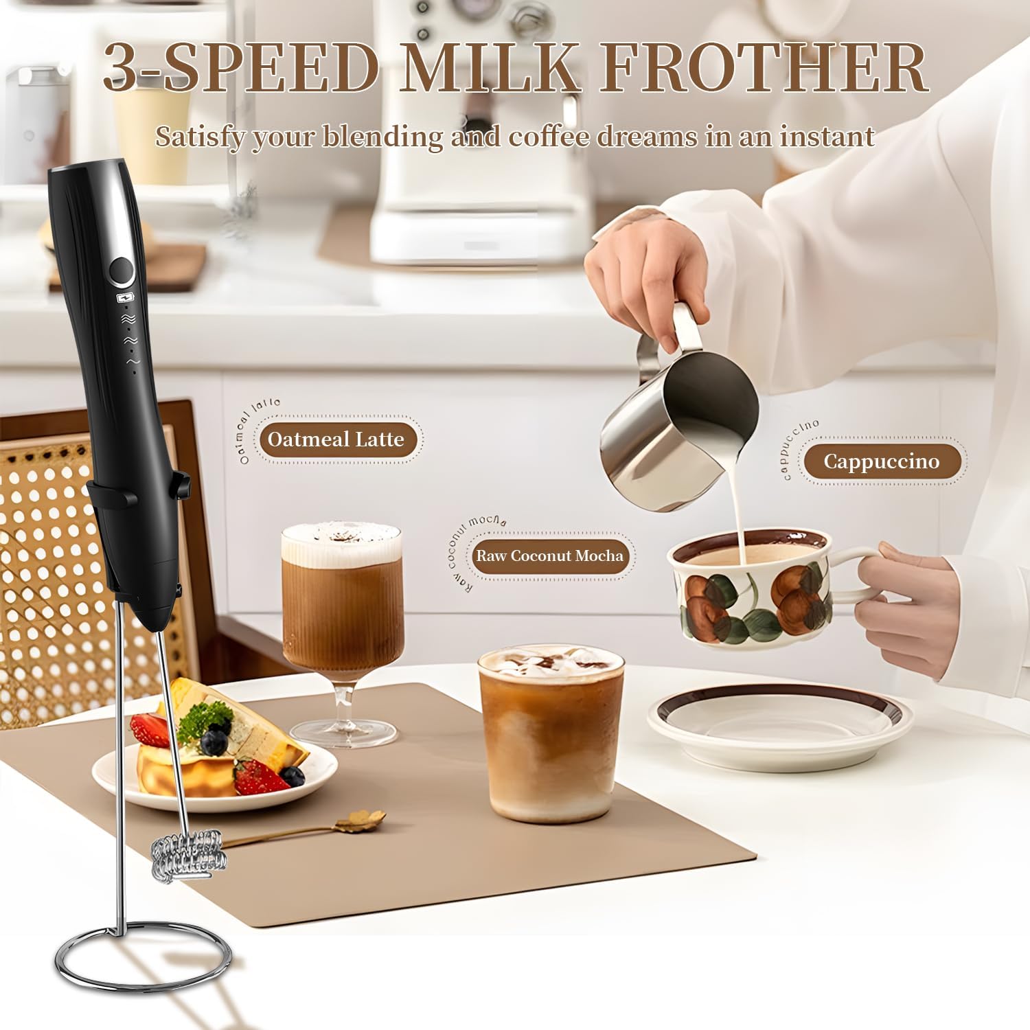Milk frother rechargeable,milk frother wand handheld rechargeable electric whisk with 2 heads coffee drink mixer,frother with stand(black)