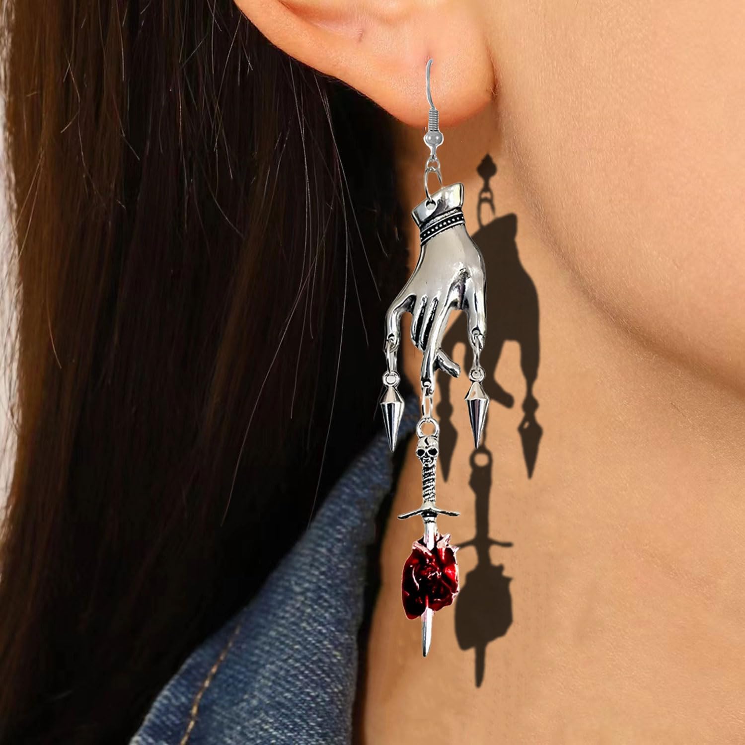 Gothic Silver Heart Earrings for Women Handmade Crystal Anatomical Heart Dangle Drop Earrings Silver Hand Sword Statement Earrings Halloween Trendy Jewelry Gift for Women - Image 2