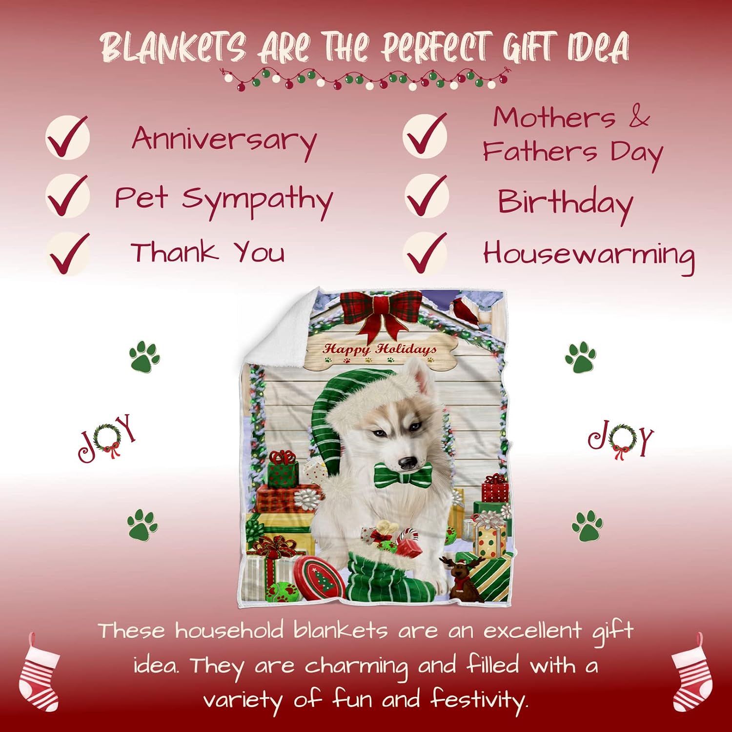 Siberian Husky Dog Blanket - Christmas House with Presents - Super Soft & Warm Pet Theme for Sofa or Bed, Warm Fleece, Sherpa or Woven Material, BLNKT67256 (50x60 Sherpa)