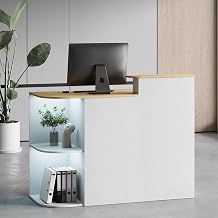 Kikihouse Modern Reception Desk with LED Light and Hidden Power Outlet, Front Desk with DIY Metal Strips, Reception Counter Table for Checkout, Office, Lobby, Nail Salon Spa White+Wood