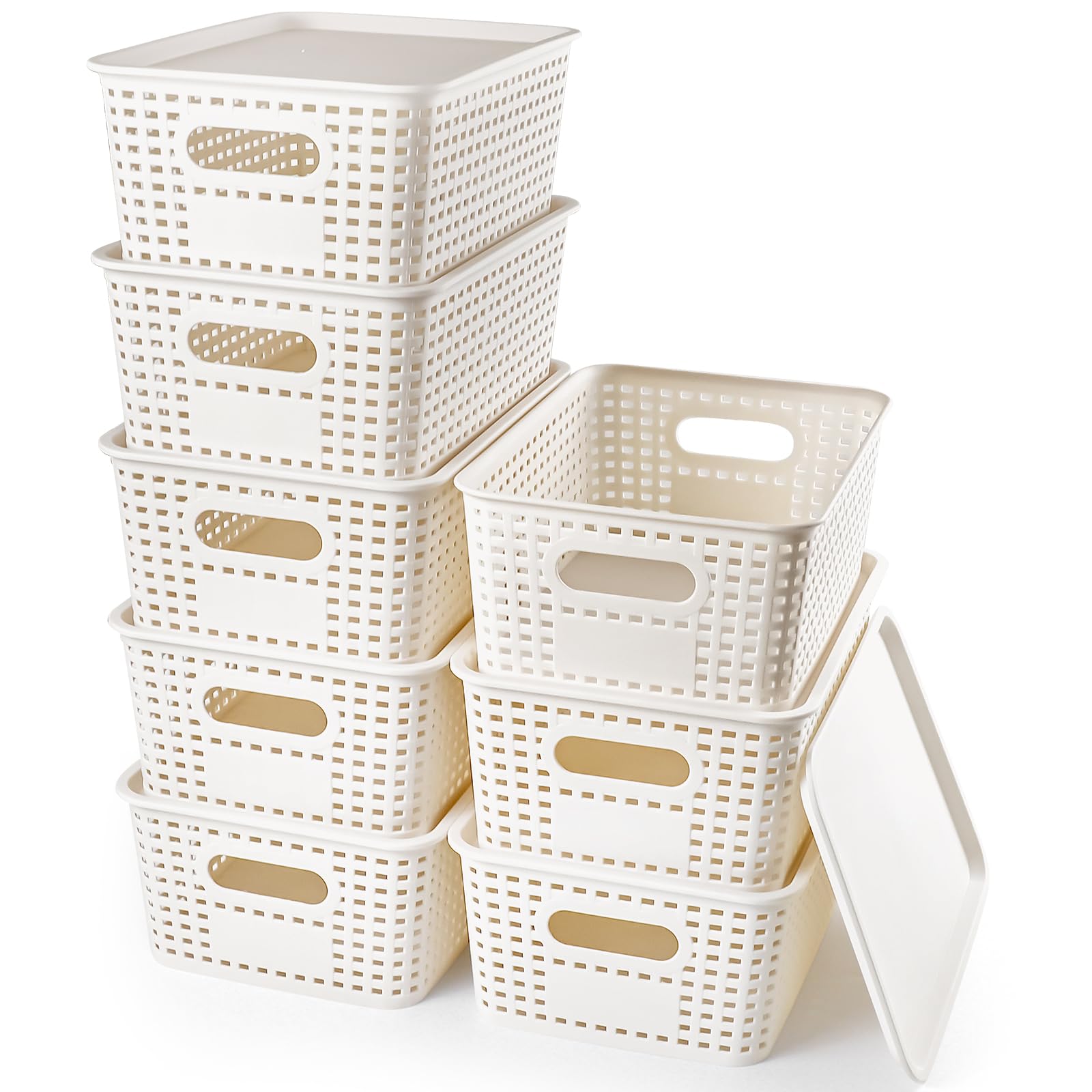 8 Pack Plastic Storage Basket with Lids, Stackable Storage Bins Containers, Decorative Storage Boxes Bulk for Organizing Shelves, Bathroom, Classroom, Office, Closet, 26 x 18.5 x 10.5 cm (White)