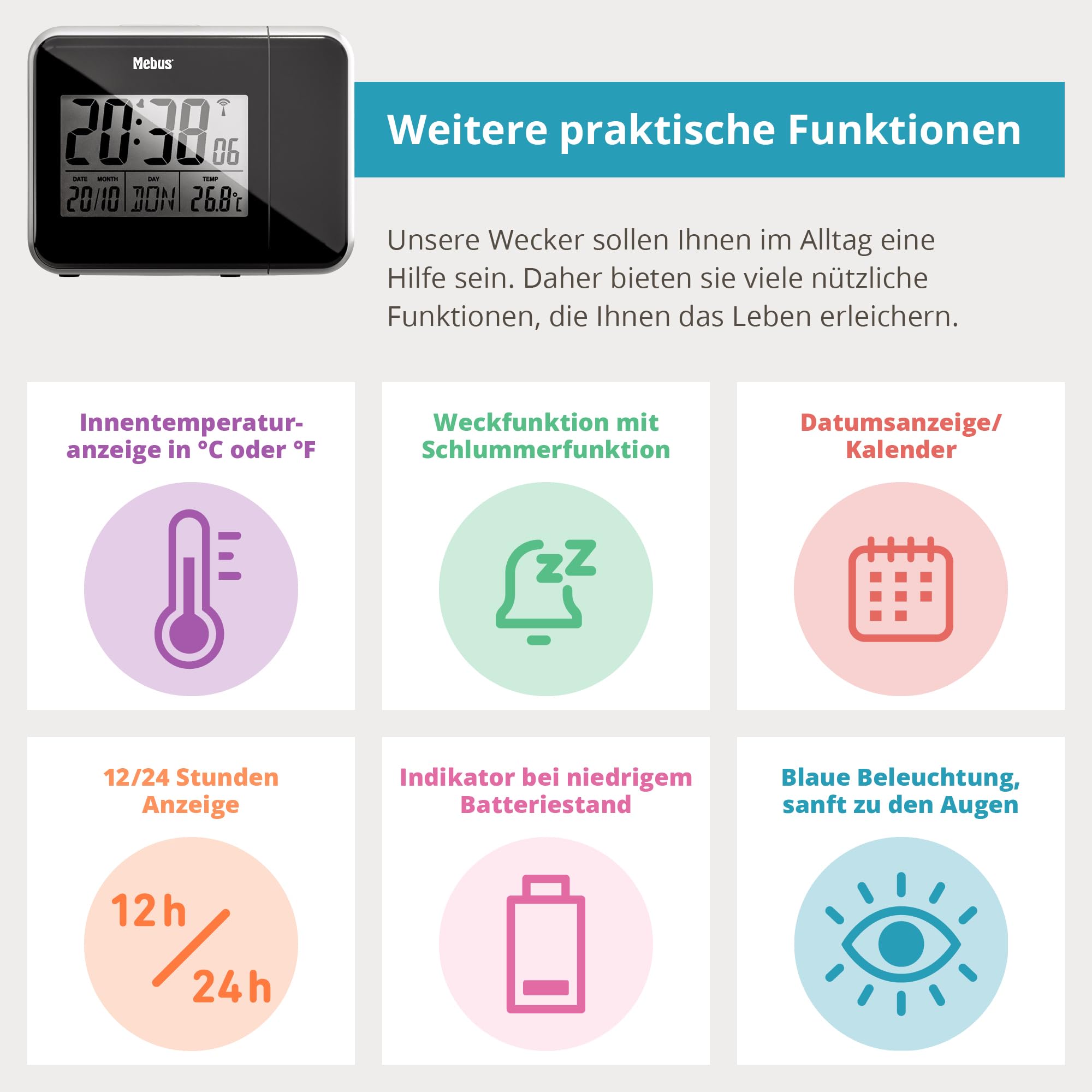 MEBUS digitaler Funkwecker mit Projektion der Uhrzeit an Decke Wand, INKL. Netzstecker, Batteriebetrieb Möglich, Dauerprojektion, schwenkbar, Thermometer/Farbe: Schwarz/Modell: 42425