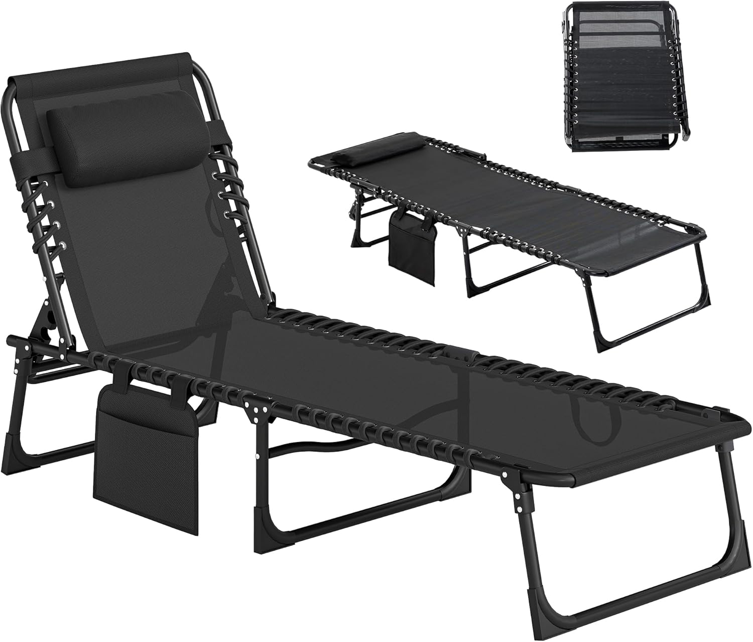 Outsunny Folding Chaise Lounge Chair Outdoor, Sun Tanning Chair with Side Pocket, Carrying Strap, Portable Patio Beach Lounger with 5-Position Reclining Back, Headrest for Pool, Camping, Yard, Black