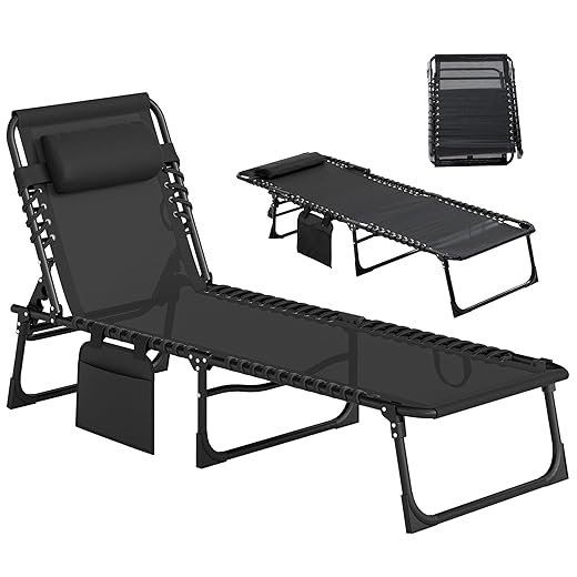 Outsunny Reclining Chaise Lounge Chair, Portable Sun Lounger, Folding Camping Cot, with Adjustable Backrest and Removable Pillow, for Patio, Garden, Beach, Black