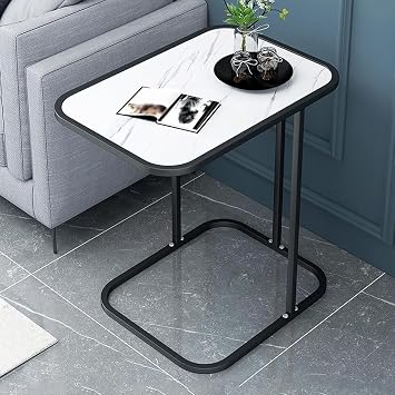 C Shaped Couch Side Table with Metal Frame, 2-Tier Storage Tv Tray Side Table,Small Metal Snack End Table for Living Room,Bedroom,Black Frame White,A