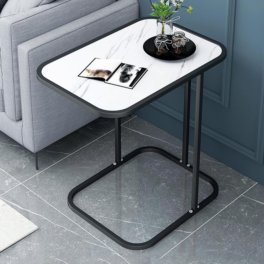 SXZenSpace C Shaped Couch Side Table with Metal Frame, 2-Tier Storage Tv Tray Table,Small Snack End for Living Room,Bedroom,black frame white,A