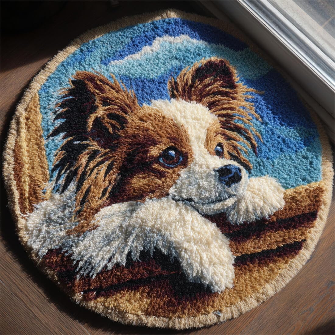 Rqwybcaxn DIY Rug Latch Hook Kits for Adults Animal Needlework Kit Dog on the windowsill 50x50cm Round Large Rug Making Kits Living Room Handmade Gift