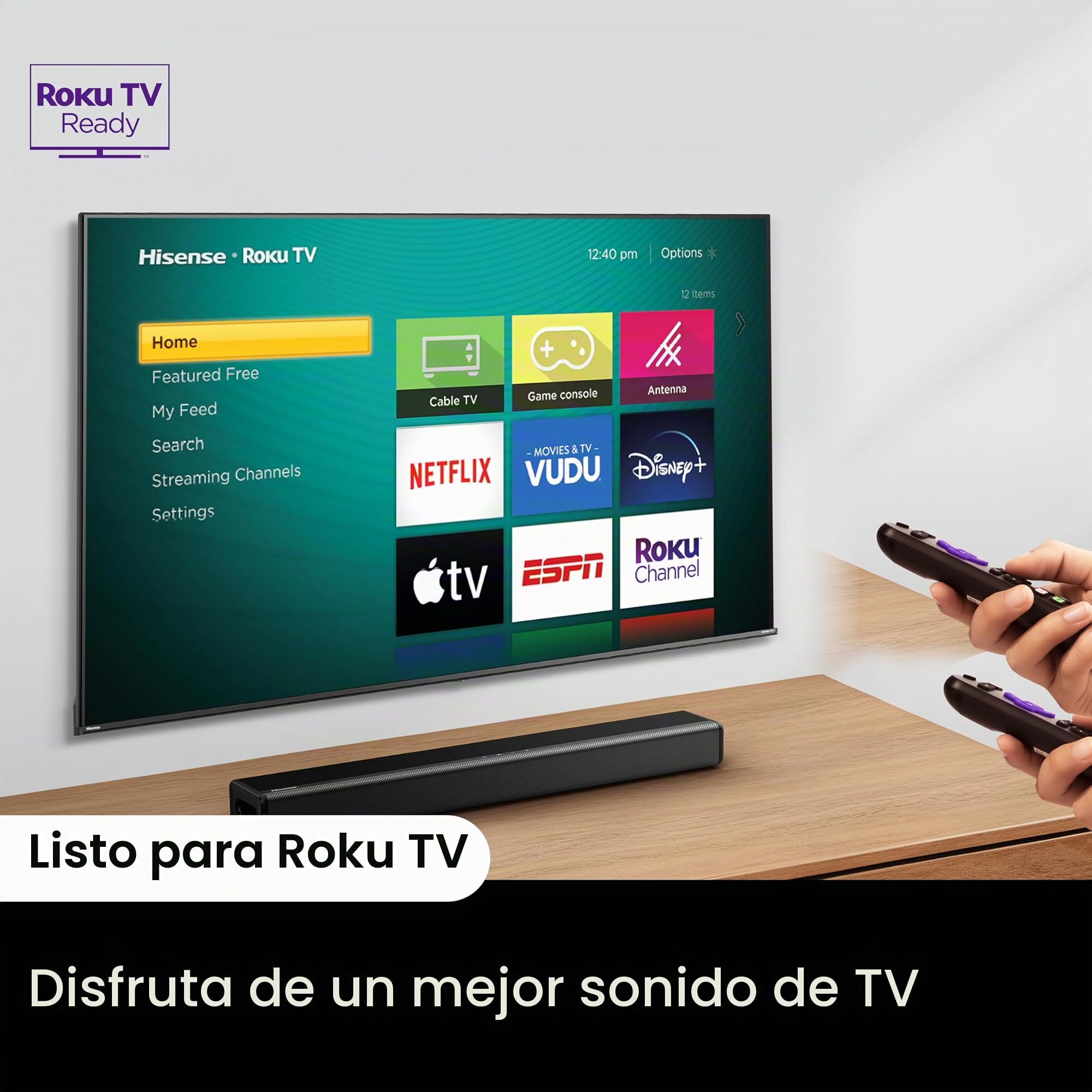 Hisense HS214 Barra de sonido de 2.1 canales, Con Subwoofer integrado, 108 W, Diseño Compacto todo en uno con Bluetooth, DolbyTV, HDMI ARC/Optical/AUX/ Audio, Roku USB, 3 modos EQ, Multicolo