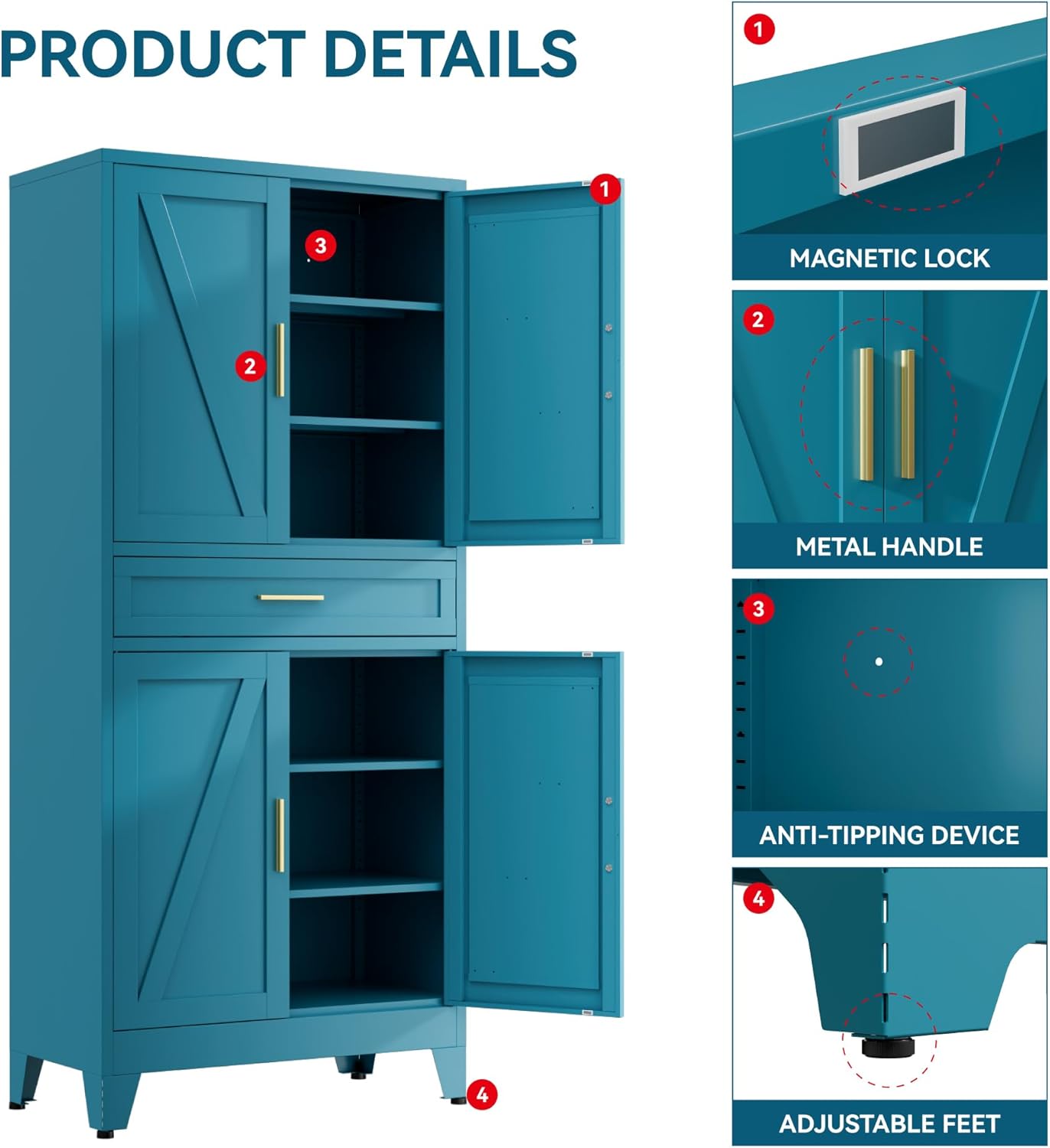 71" Tall Farmhouse Pantry Cabinet,Metal Cabinet with Adjustable Shelves and Doors,Storage Cabinet for Kitchen Garage,Blue 1 Pack