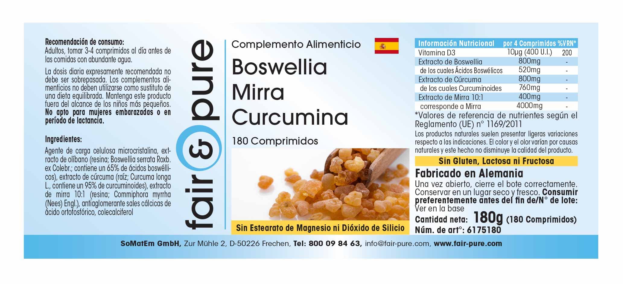 Fair & Pure Boswellia Myrrhe Curcumin mit Vitamin D3, 180 Tabletten, Weihrauch Extrakt, Nahrungsergänzungsmittel ohne Magnesiumstearat, in Deutschland hergestellt