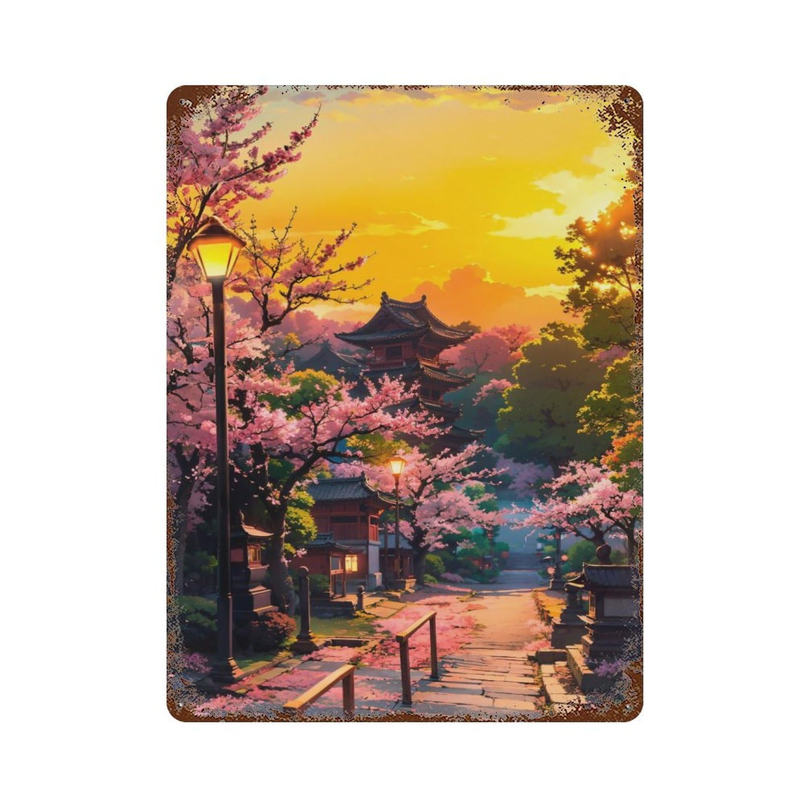 Distressed Metal Wall Sign with Sunset Pagoda Design 15.7"x11.8", for Cafe, Home Bar And Lounge Decor, Retro Wall Decor