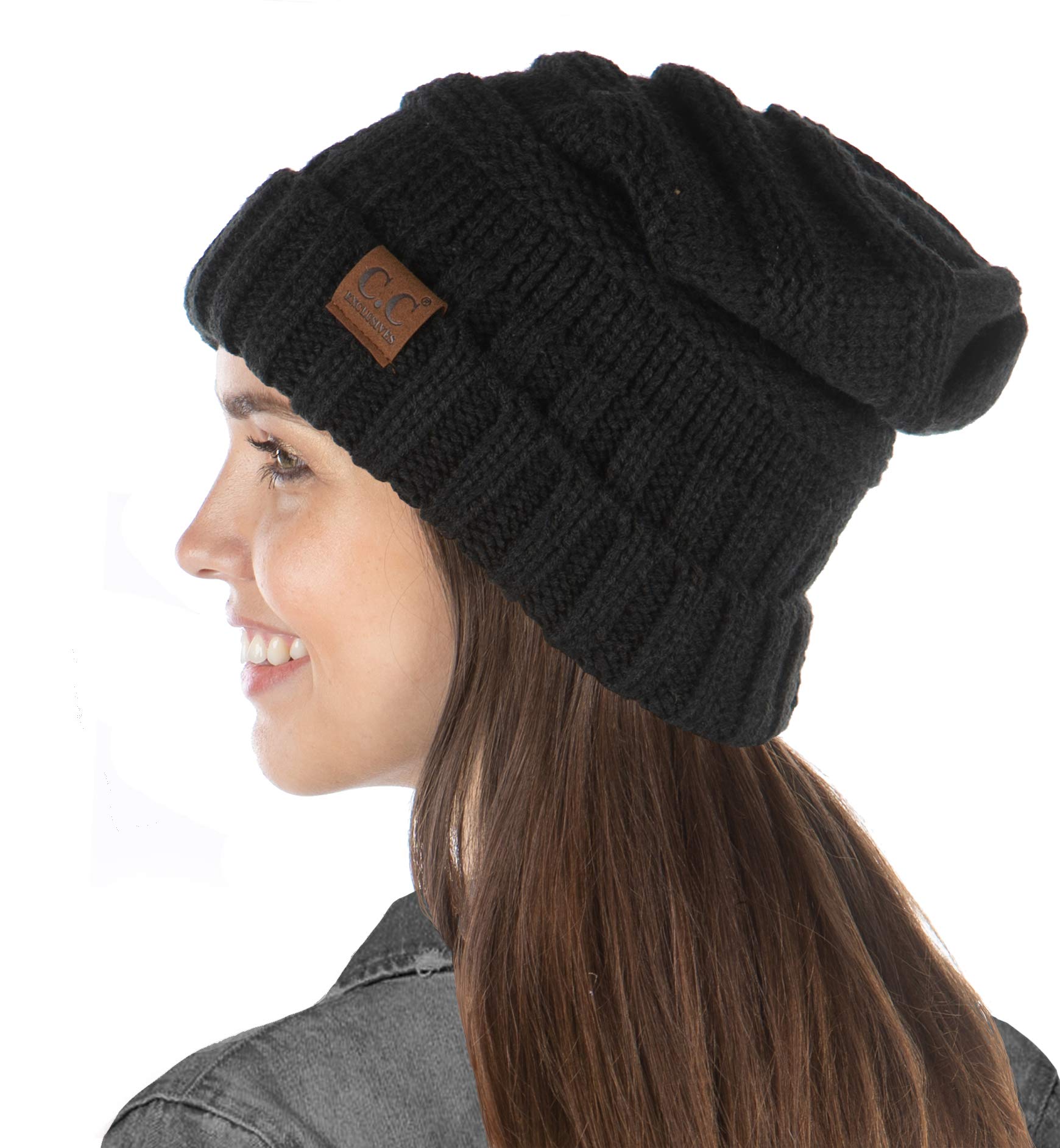 Funky Junque Oversized Slouchy Beanie for Women, Ribbed Knit Warm Winter Hat, Soft Acrylic, One Size Fits Most - Black