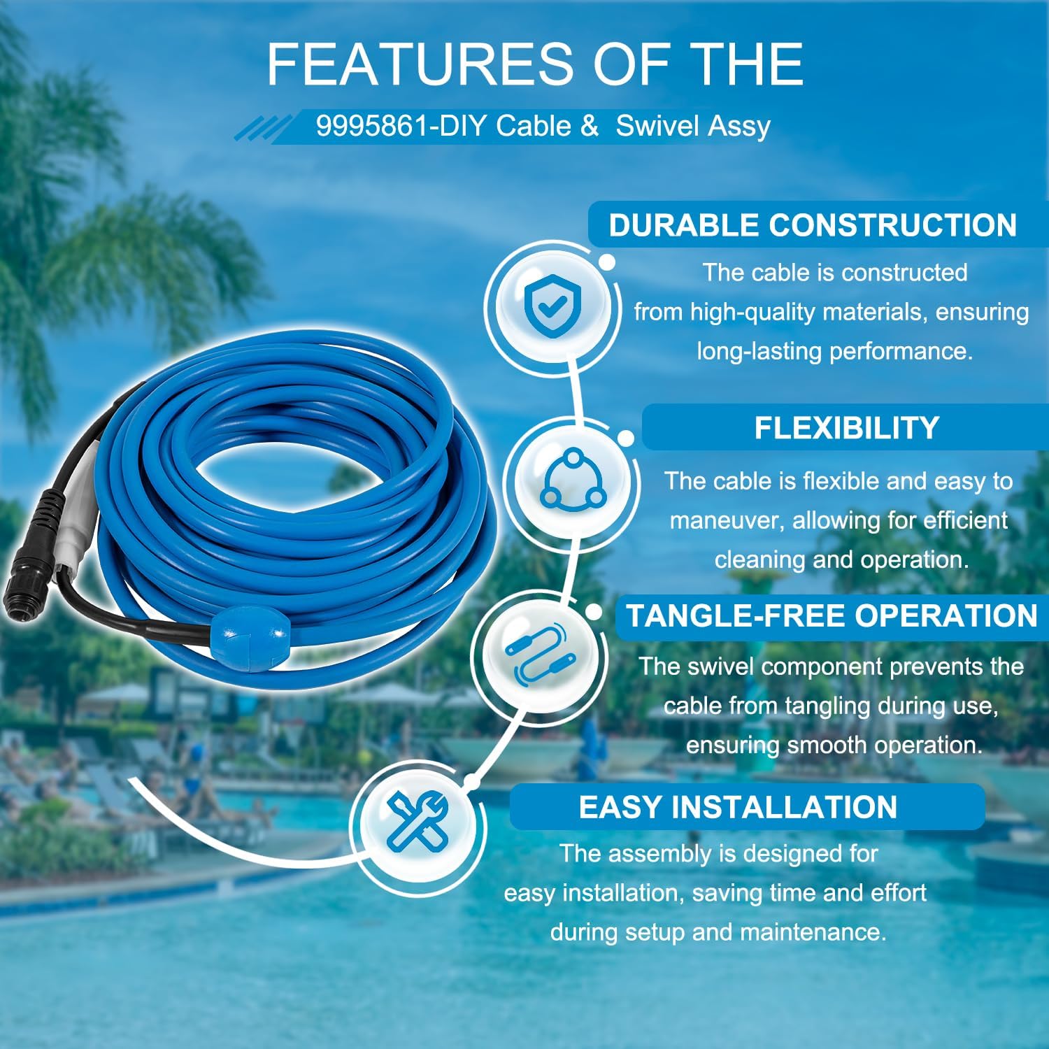 9995861 Cable and Swivel DIY 2 Wire for Dolphin Robotic Pool Cleaners Nautilus(Old), DX3, Advantage Plus, Endeavor, Atlantis, Primal X3, DX3S, Orion, M3, Saturn(Old), Quest & Neptune 60FT(18M)