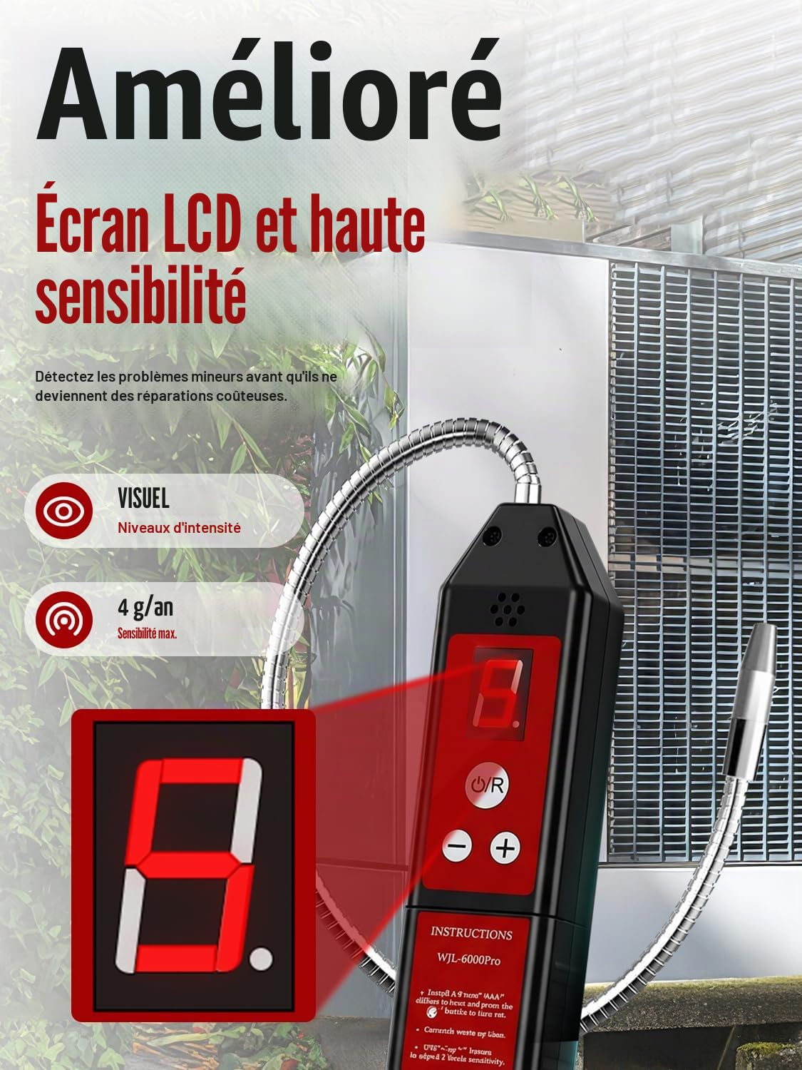 WJL-6000PRO Détecteur De Fuite De Fréon avec LUMIÈRE LED, Détecteur De Fuite De Réfrigérant, Détecteur De Fuite d'Halogène Testeur HVAC Air Condition R22 R410A R134A CFC HCFCs Indicateur Hfcs