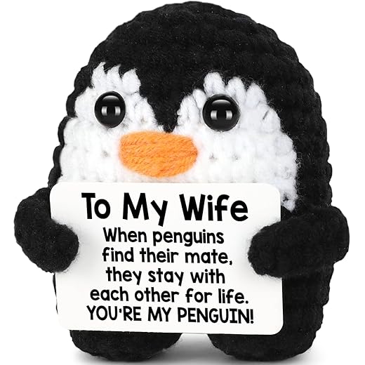 Valentine‘s Day Gifts for Her Wife from Husband Birthday, To My Wife Handmade Crochet Emotional Mini Funny Penguin, Romantic Wedding Anniversary Valentine Gifts for Women Her, Small Love Sign Decor