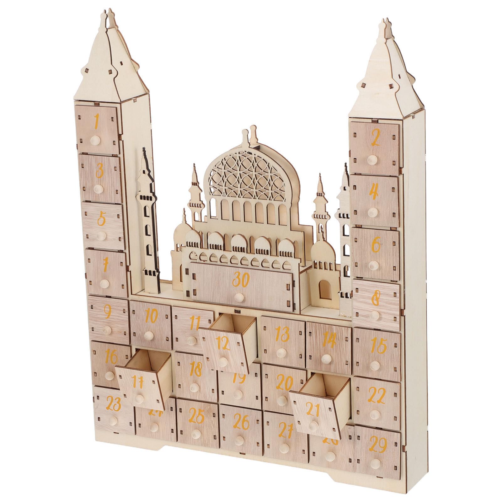 TEHAUX Calendario Design Compatto e Freestanding Conto alla Rovescia Ramadan in Legno con Cassetti e FESTIVITÀ Eid Decorazione da Tavolo per Famiglie Musulmane