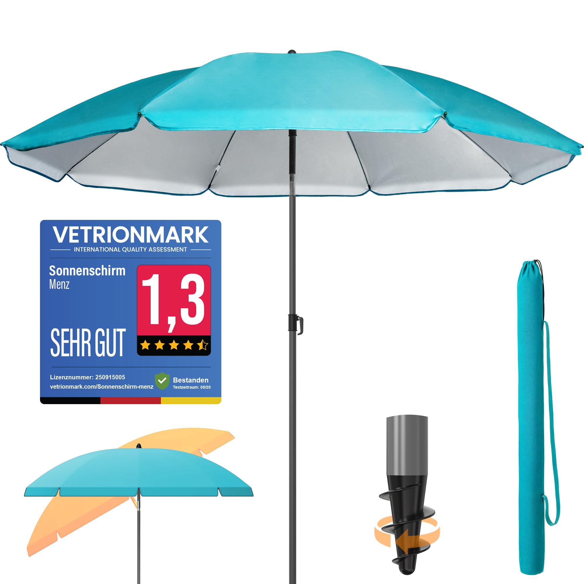 4smile Sonnenschirm Strand Ø 180 cm SunnyJoy, Türkis - UPF 50+ Strandschirm, sicherer Sonnenschutz Strand, Strandschirm windfest stabil - Sonnenschirm mit Schutzhülle