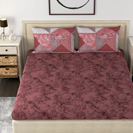 HUESLAND by Ahmedabad Cotton 186 TC Cotton Bedsheets for King Size Bed with 2 Pillow Covers | 108x108 inches | Sangria Red & Grey
