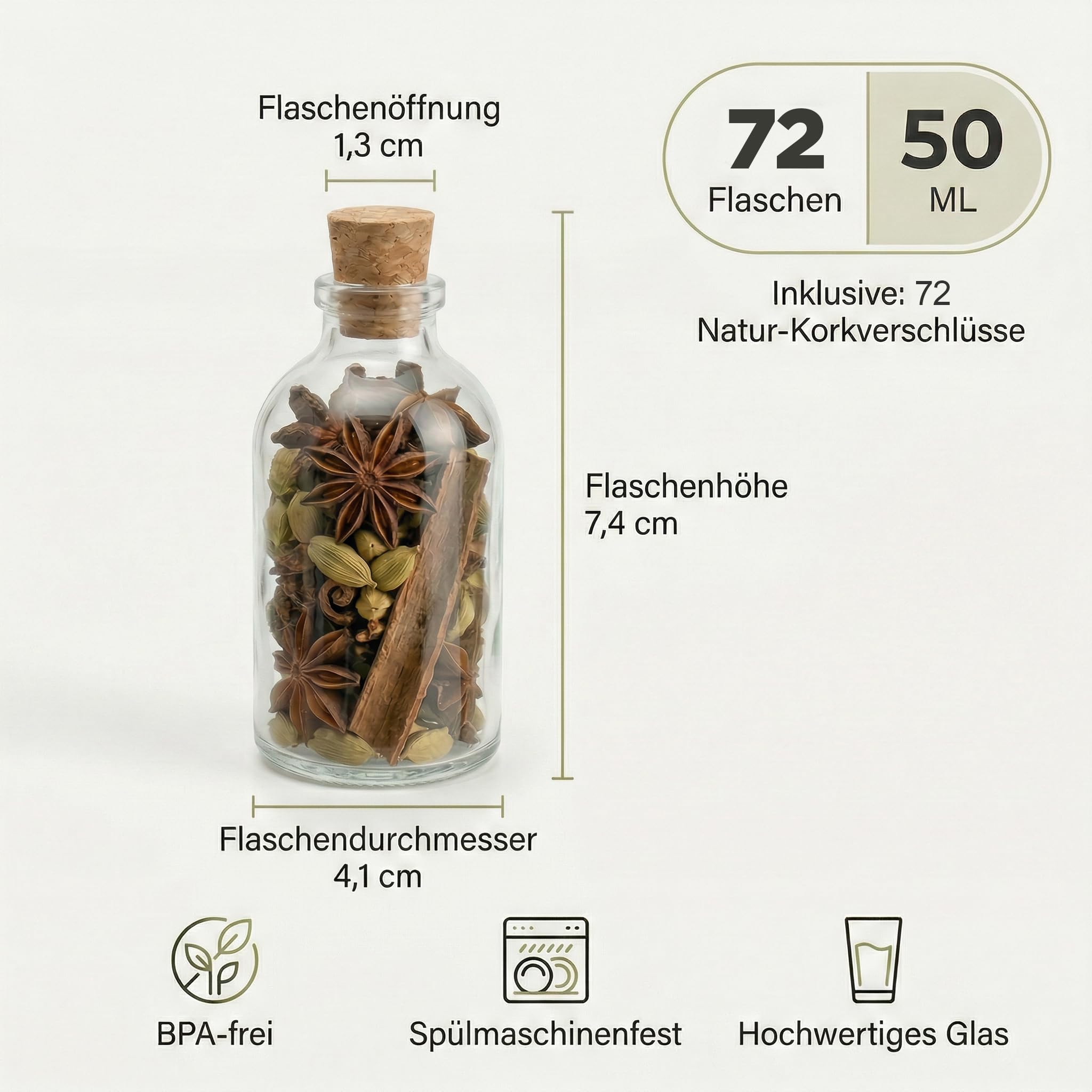 72 Glasflaschen 50ml mit Korken – Kleine Flaschen zum Befüllen klar & leer – Likörflaschen Glasfläschchen Mini 50 ml für Deko Gastgeschenke DIY Hochzeit