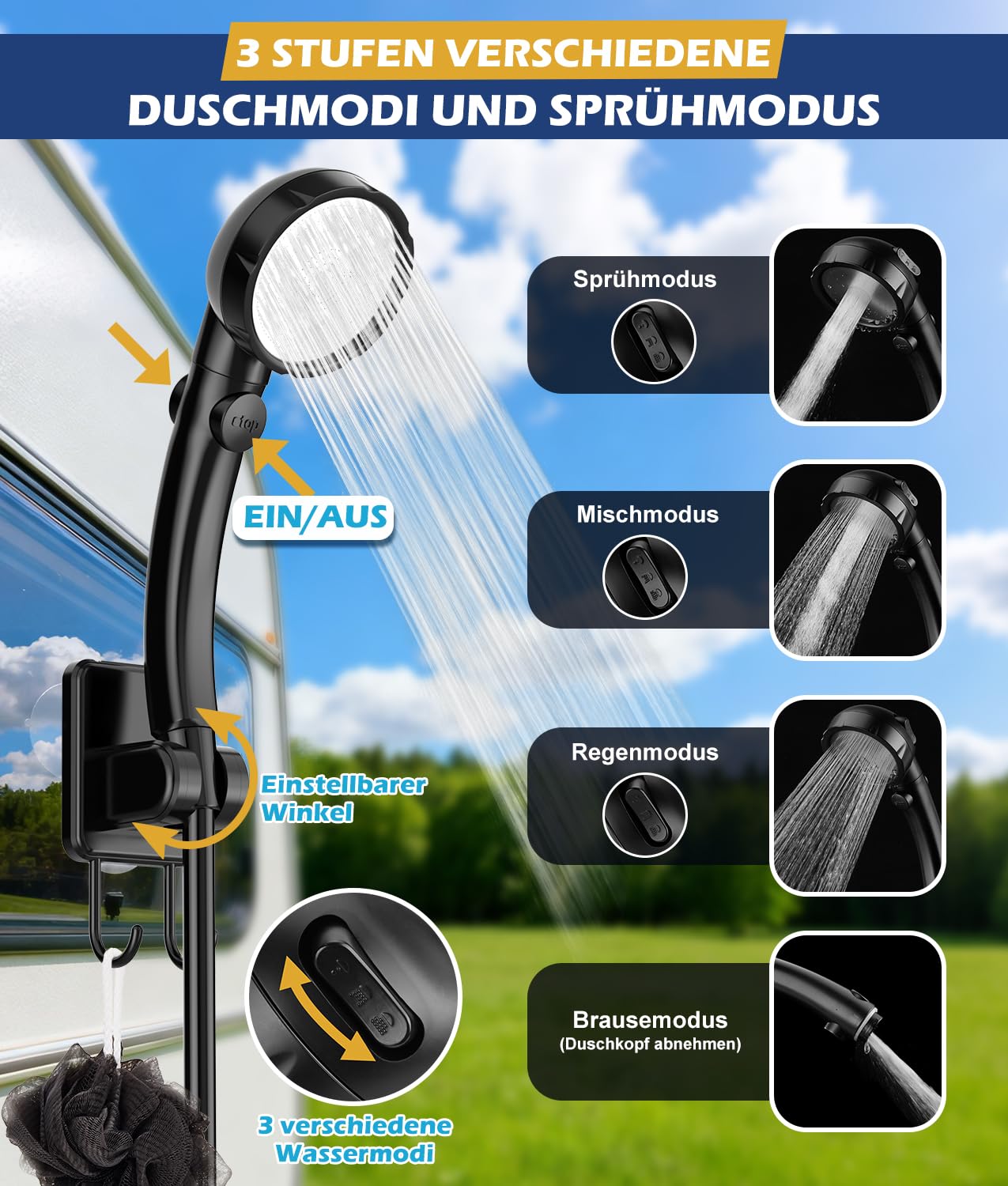 WADEO Tragbare Campingdusche akku 6000 mAh mit Pumpe Tauchsieder und 20l-Wasserbehälter, wasserdichte Campingpumpe Outdoor-Duschset mit Heizfunktion für Wandern Reisen Garten Autowäsche Notfälle